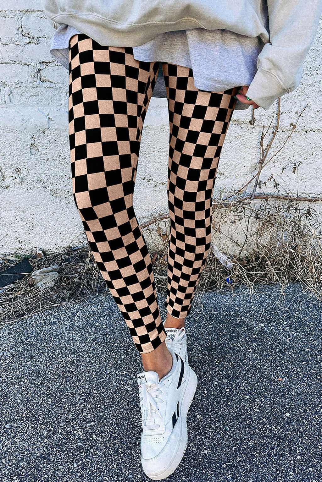 Khaki Checkered Pattern High Waist Skinny Leggings - enhanced image 1