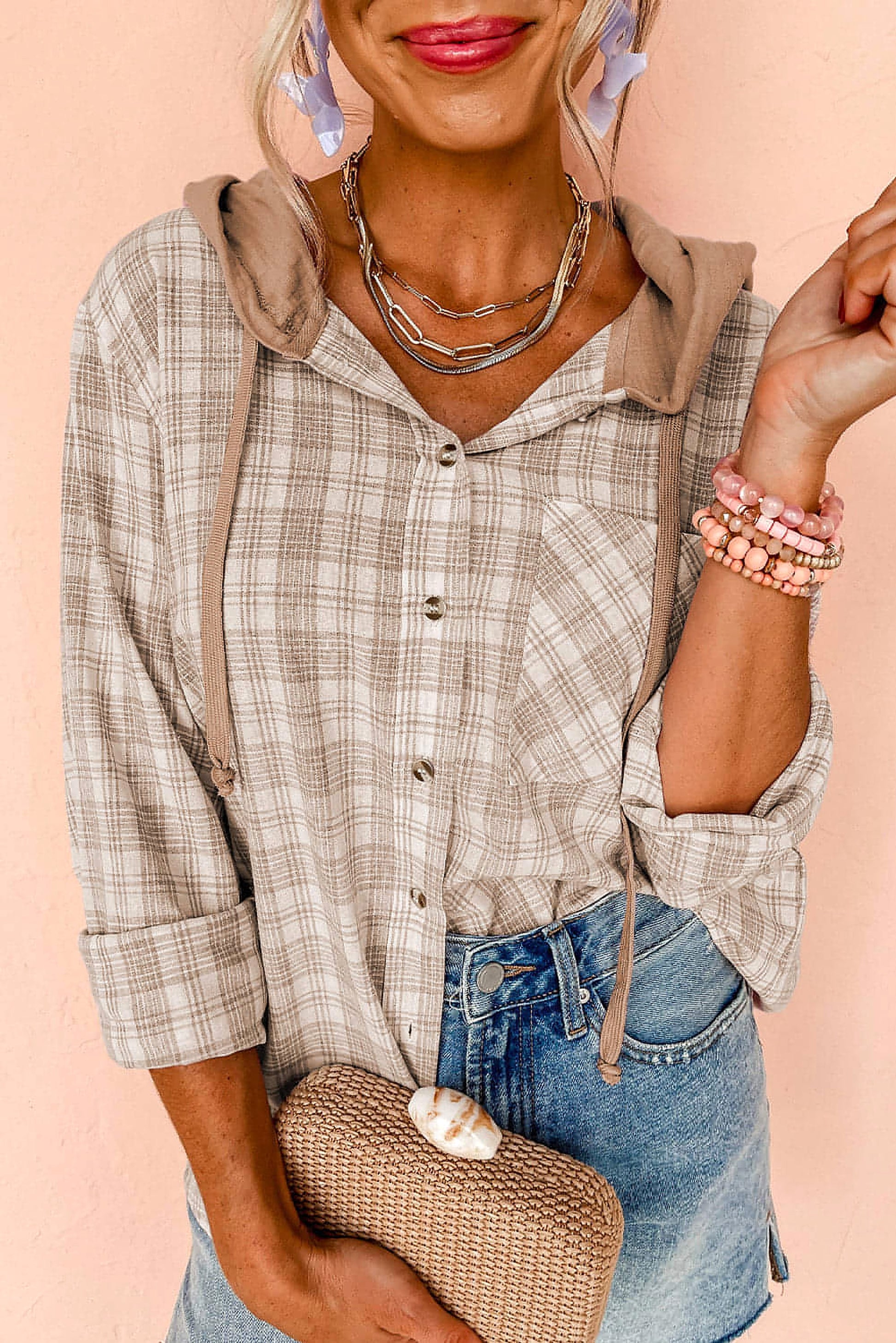 Khaki Checkered Print Loose Fit Buttoned Hooded Shacket - enhanced image 1