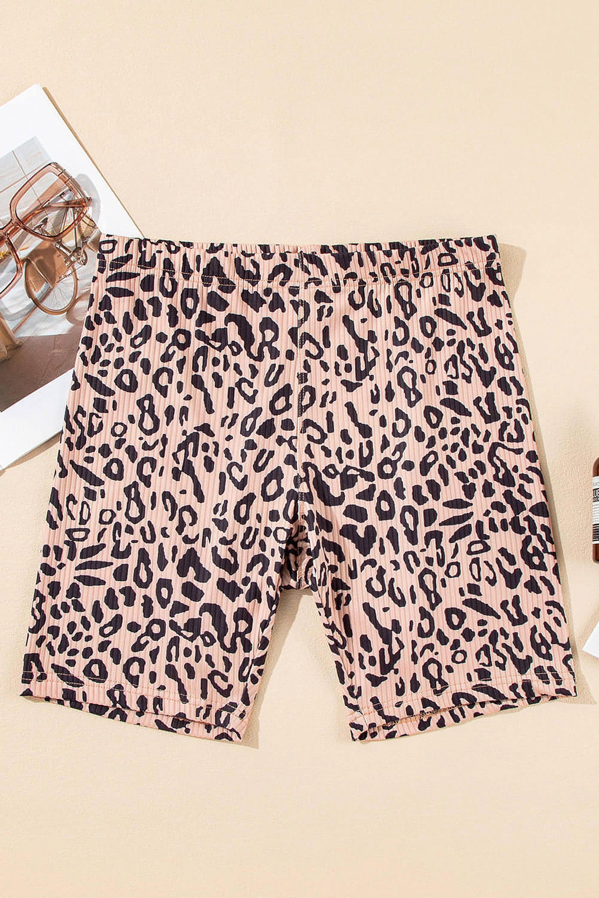 Khaki Leopard Print Ribbed Textured Knit Biker Shorts - enhanced image 1