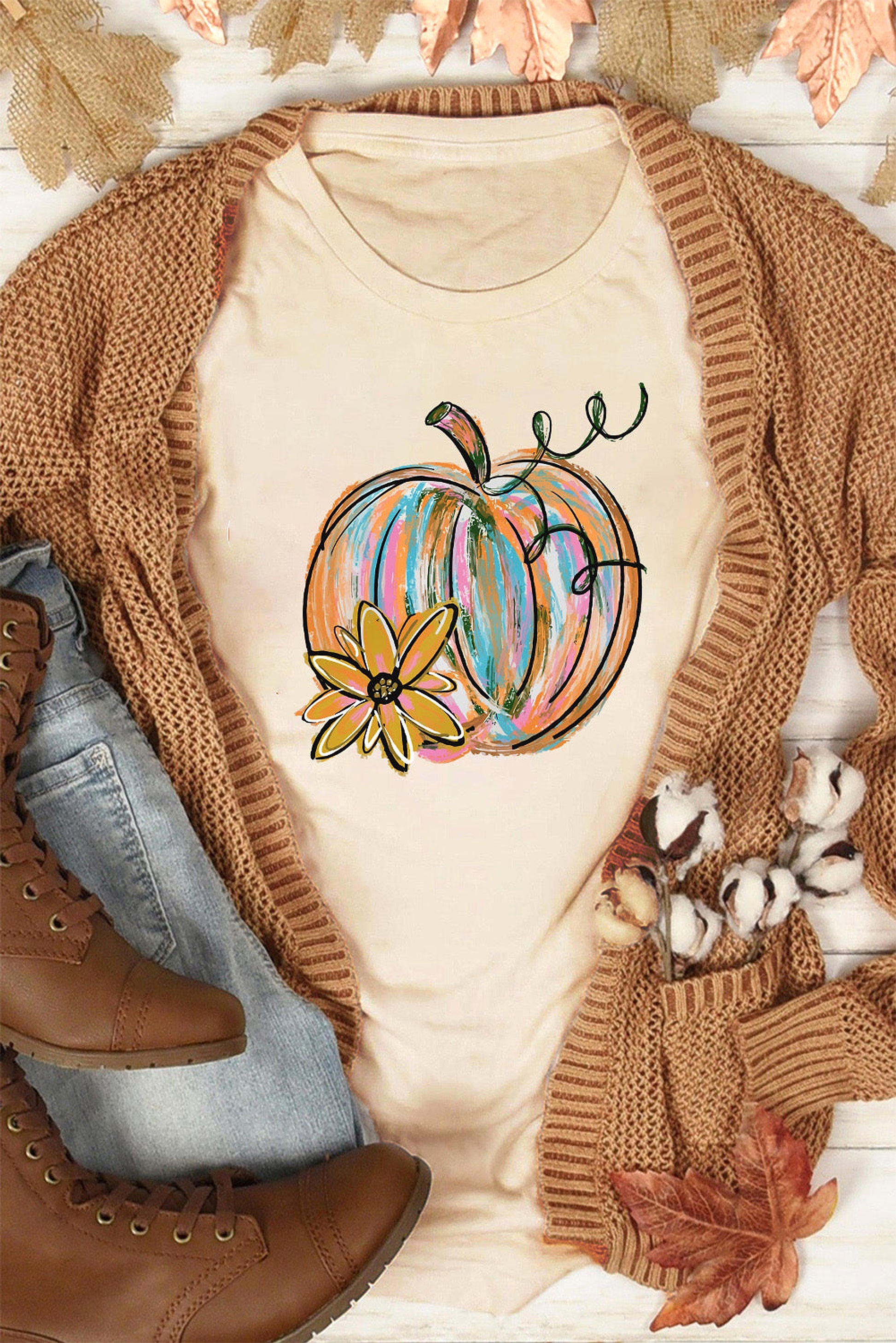 Khaki Pumpkin with Flower Graphic T Shirt - enhanced image 1