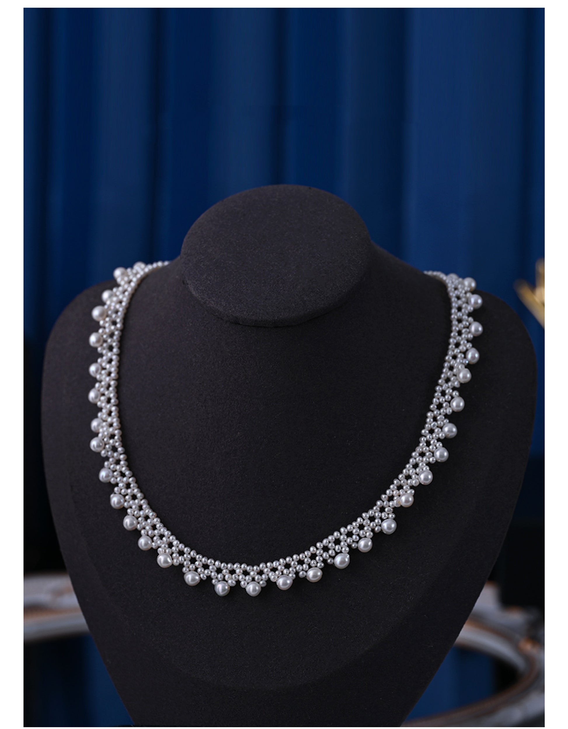 Vintage Pearl Choker with Gold Lace Accents - enhanced image 1