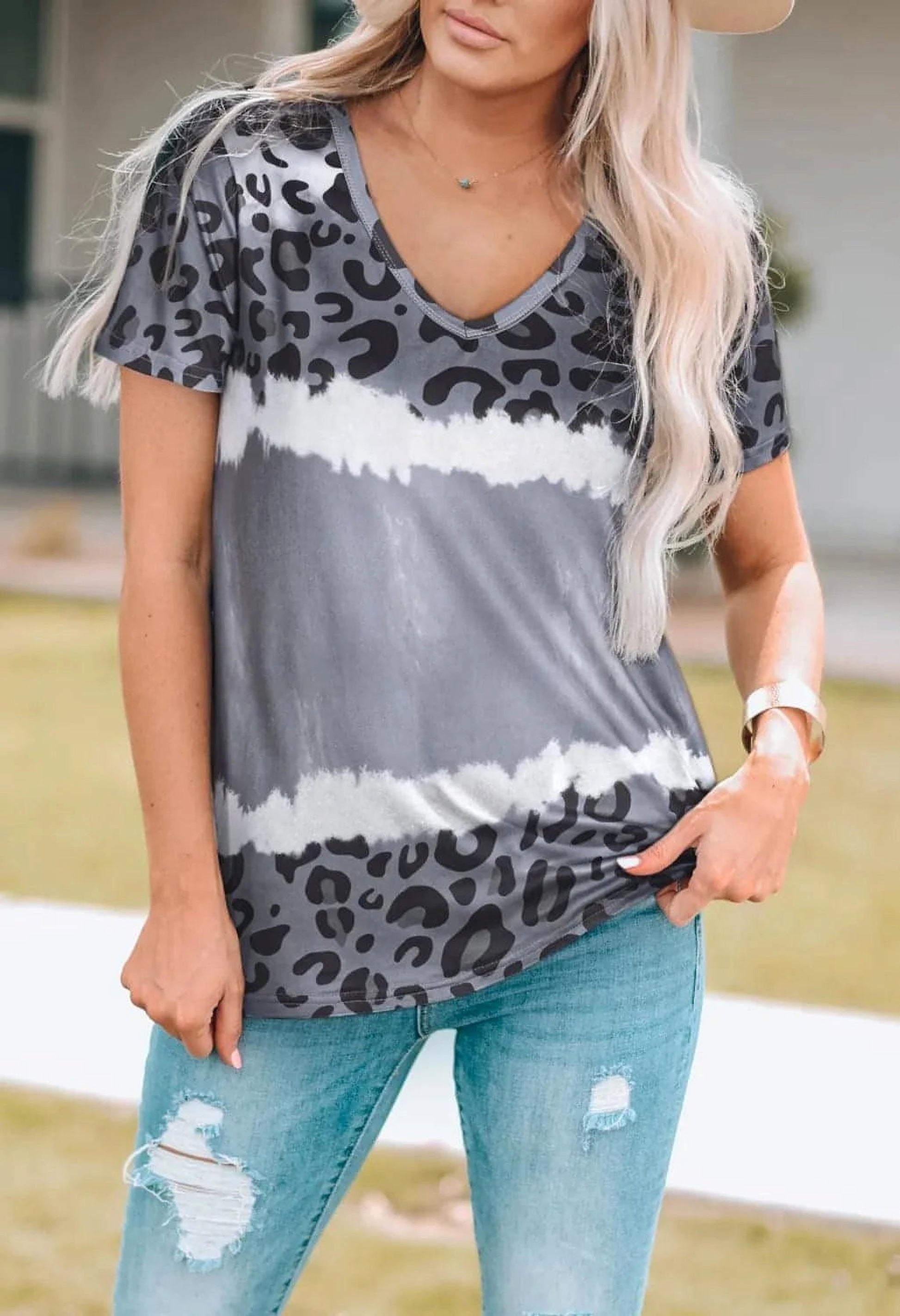 Leopard V-Neck Short Sleeve T-Shirt - enhanced image 1