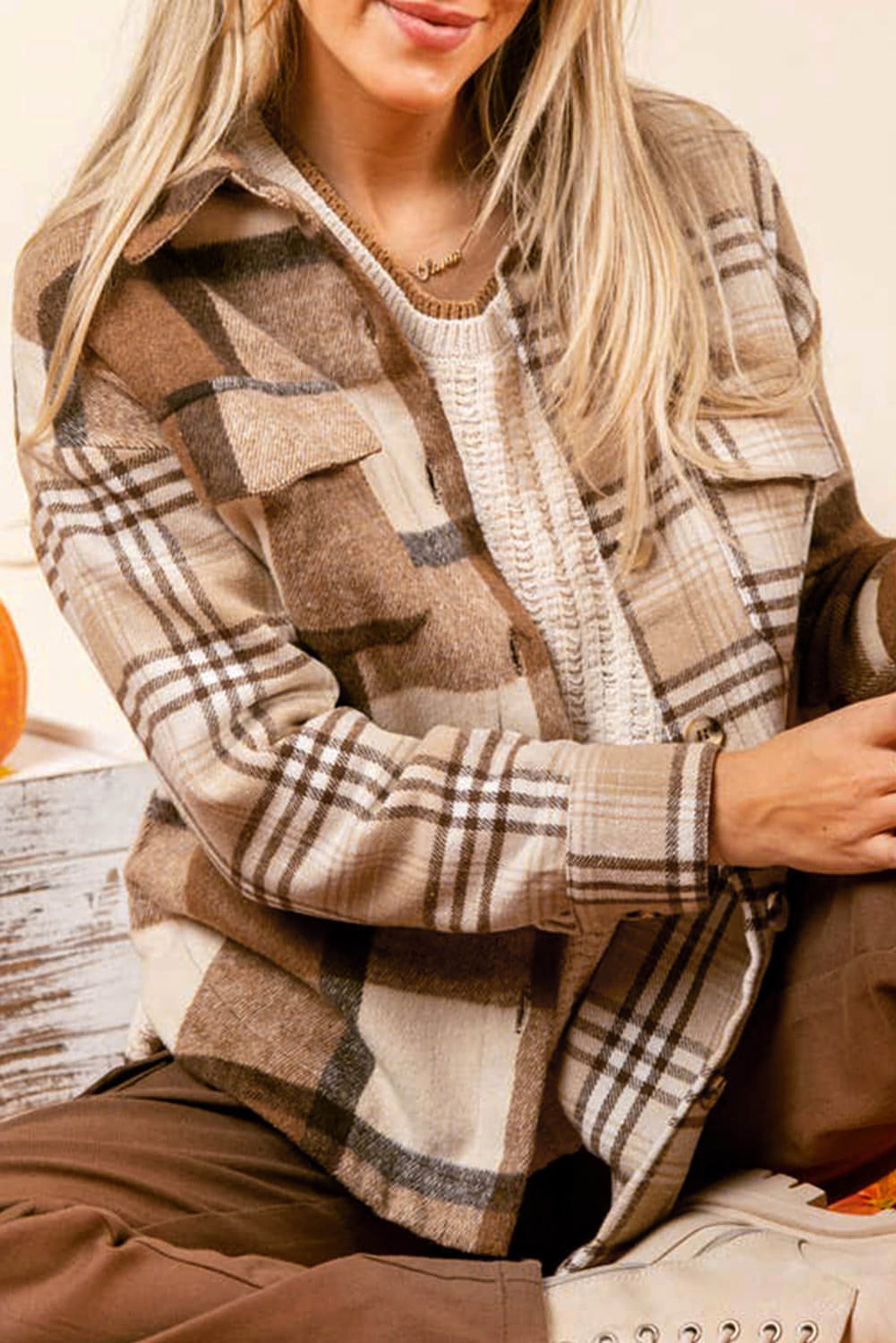 Light French Beige Flannel Plaid Double Flap Pocket Shacket - enhanced image 1