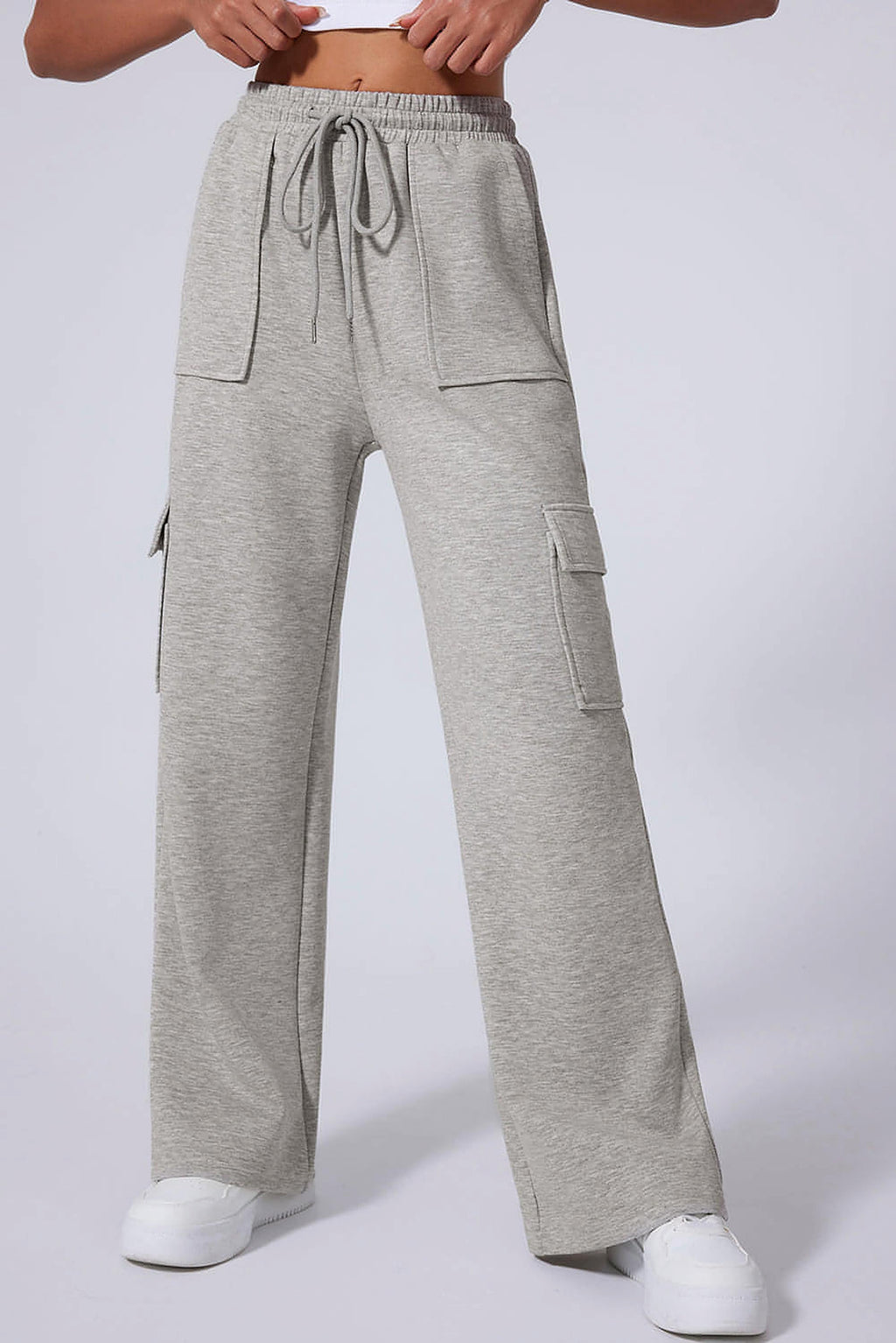 Light Grey Multi Pockets Lace-up High Waist Wide Leg Workout Pants - enhanced image 1