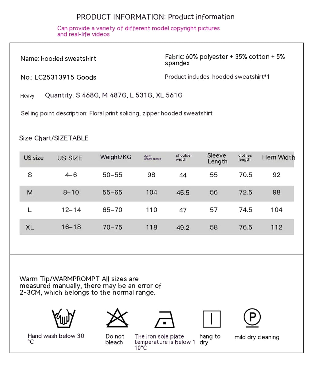 Loose Half Zipper Hooded Sweater Women's Stitching Floral Print Pullover - enhanced image 1