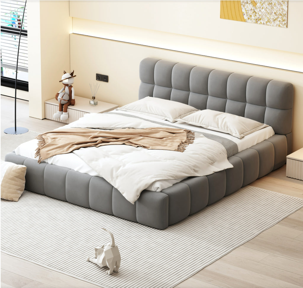 LuneluX_Home – 81.7" Upholstered Double Bed with Soft Linen Backrest (Gray) - enhanced image 1