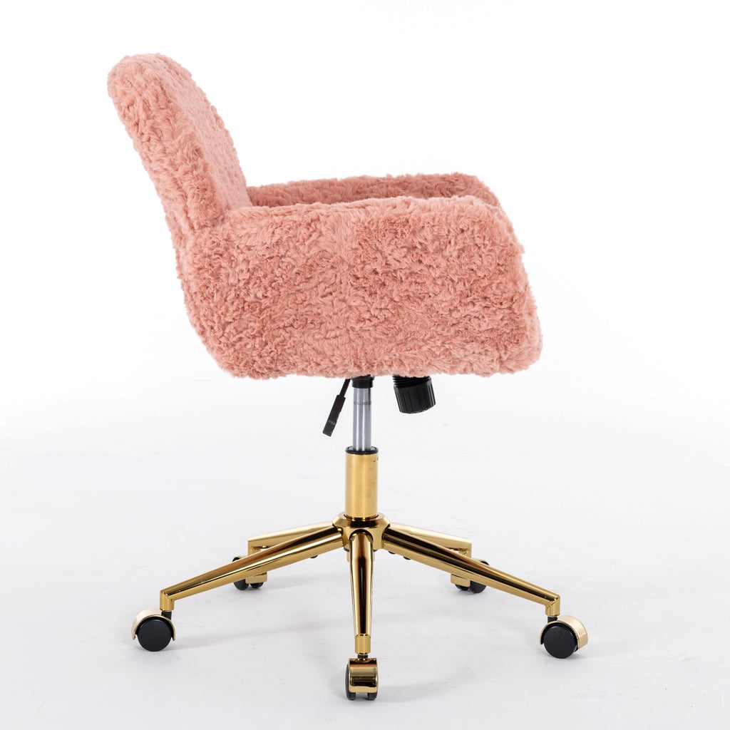 LuneluX_Home – Faux Fur Office Chair with Golden Base (Pink) - enhanced image 1
