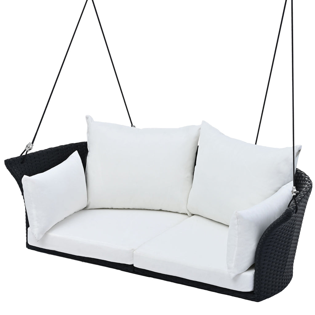 LuneluX_Home – Hanging Rattan Porch Swing for 2 (Black Wicker + White Cushions) - enhanced image 1