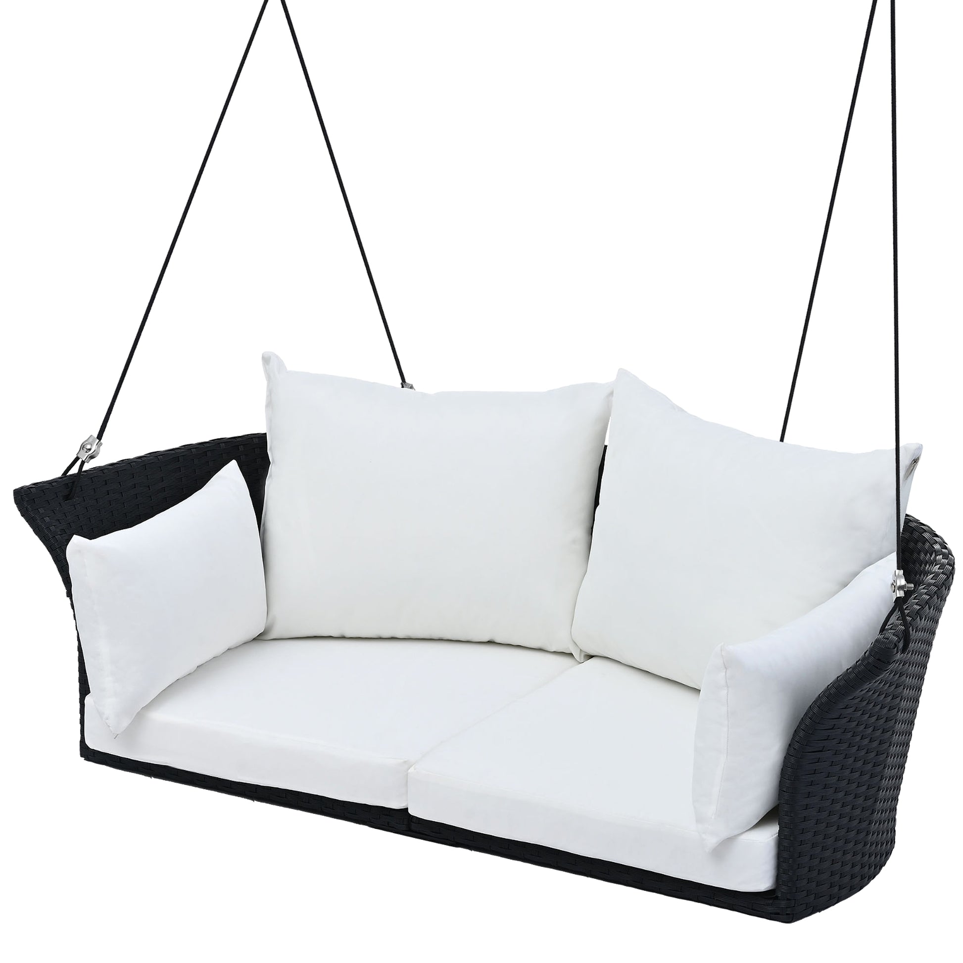 LuneluX_Home – Hanging Rattan Porch Swing for 2 (Black Wicker + White Cushions) - enhanced image 1