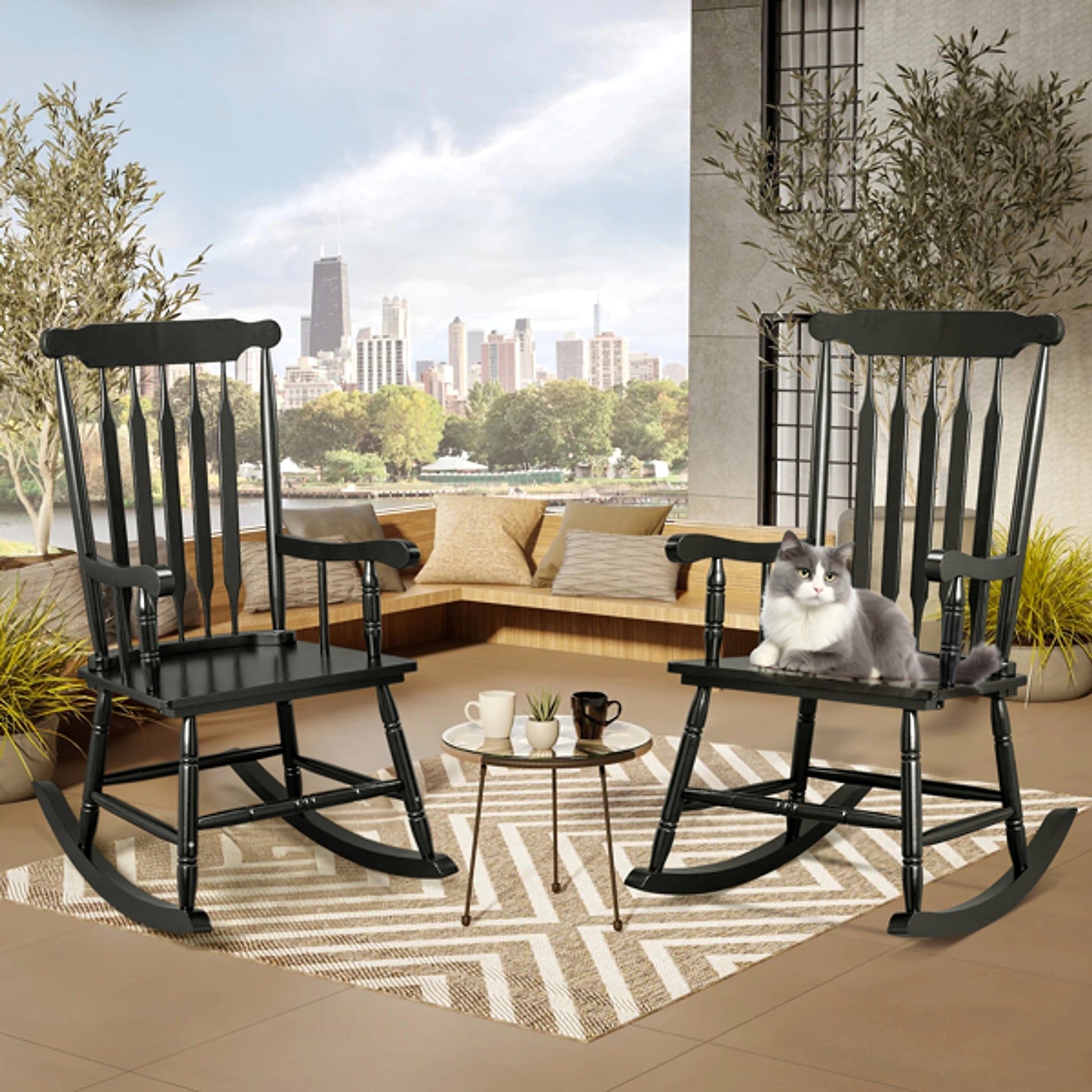 LuxePorch™ – Black Poplar Windsor Wood Rocking Chair (US Warehouse) - enhanced image 1