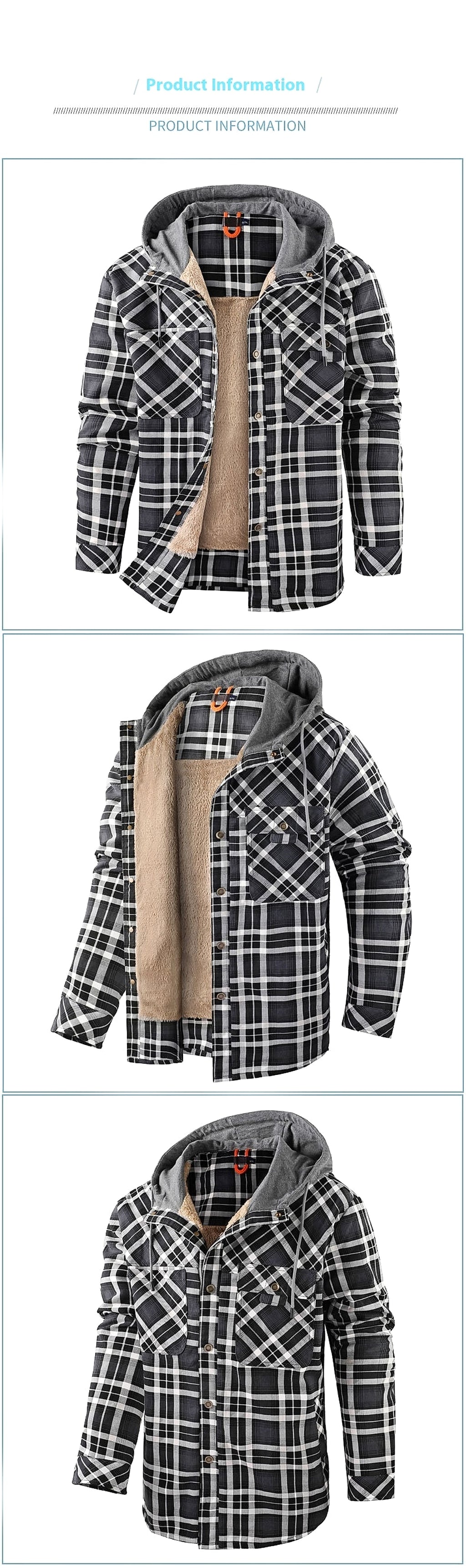 Men’s Fleece-Lined Hooded Plaid Flannel Jacket – Winter Cotton Padded Shirt Coat - enhanced image 1