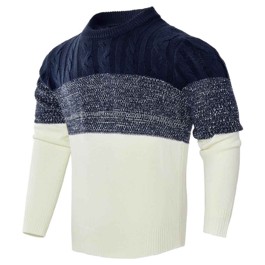 Men's Casual Color Block Long Sleeve Cable Knit Pullover Sweater - enhanced image 1