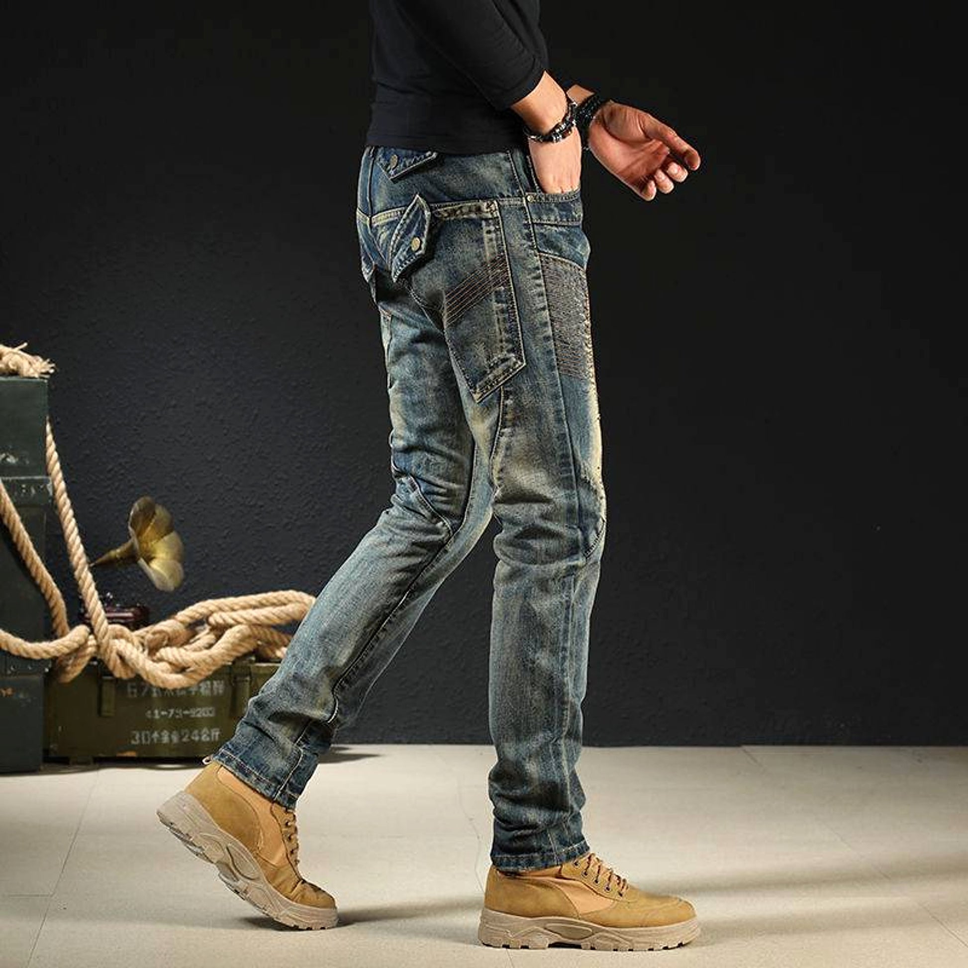 Men's Fashion Japanese Style Retro Nostalgic Motorcycle Jeans Men - enhanced image 1