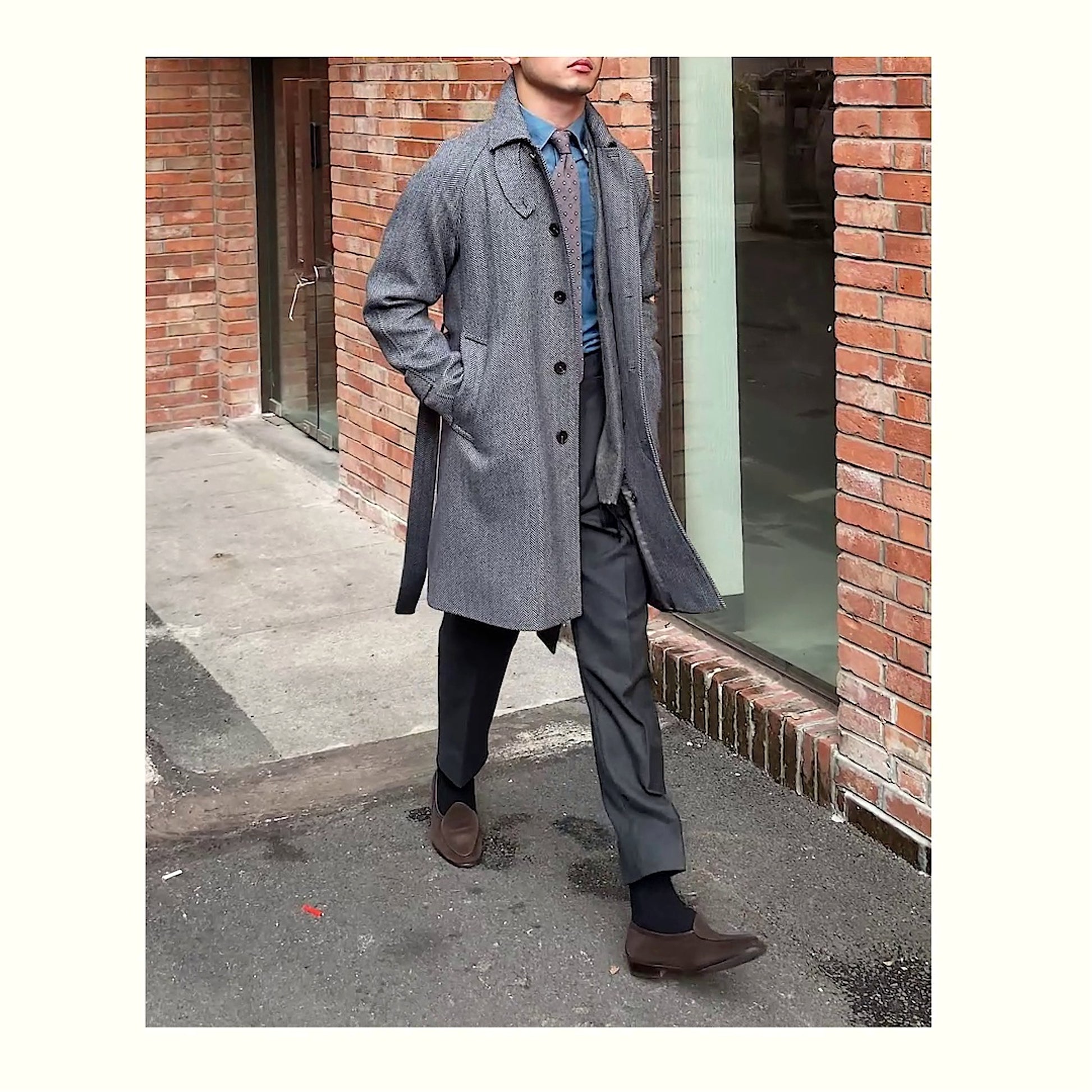 Men's Herringbone Wool Slim Fit Mid Length Coat - enhanced image 1