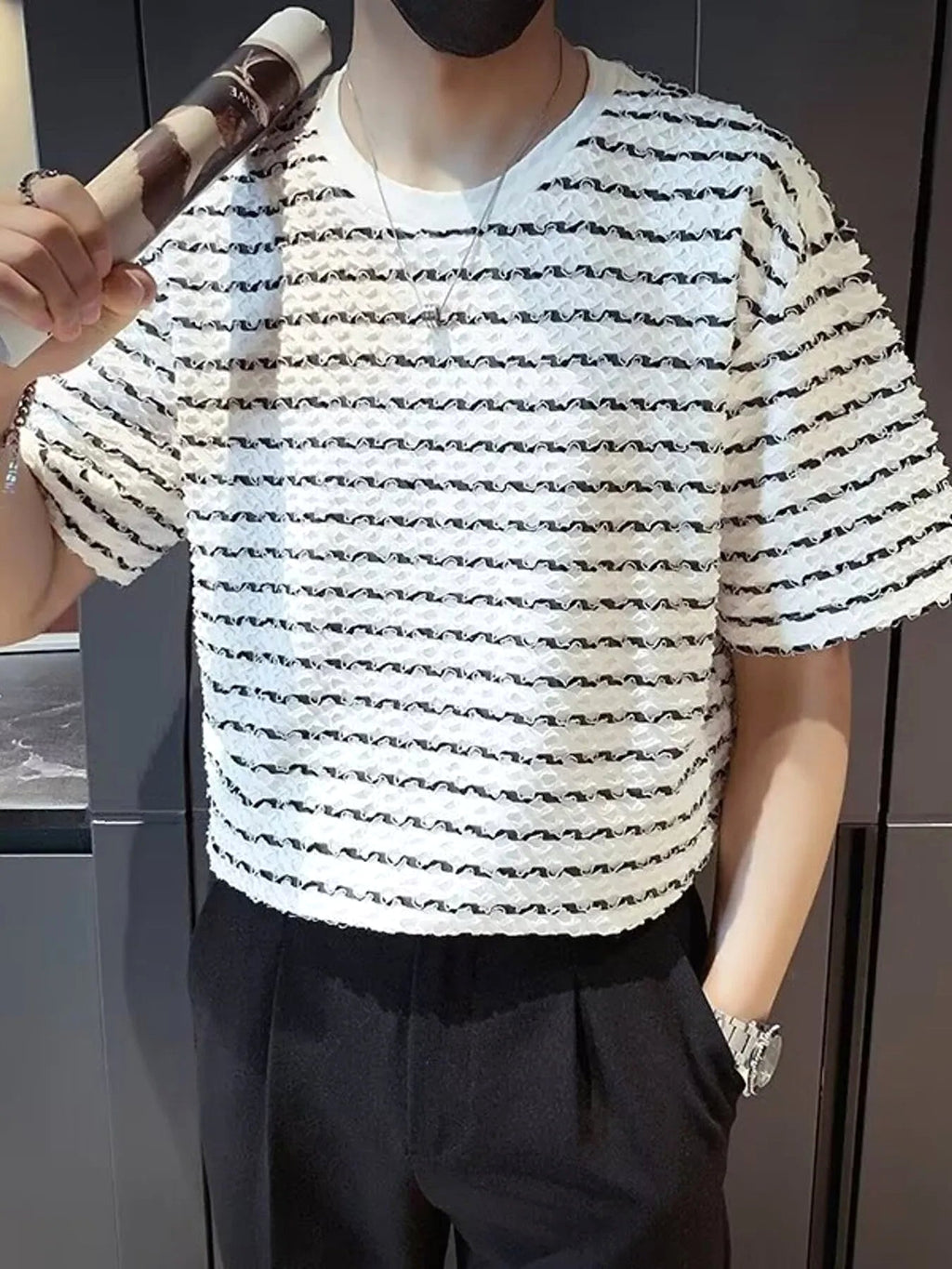 Men's Plus Size Casual Striped Wave Pattern Short Sleeve T-Shirt - enhanced image 1