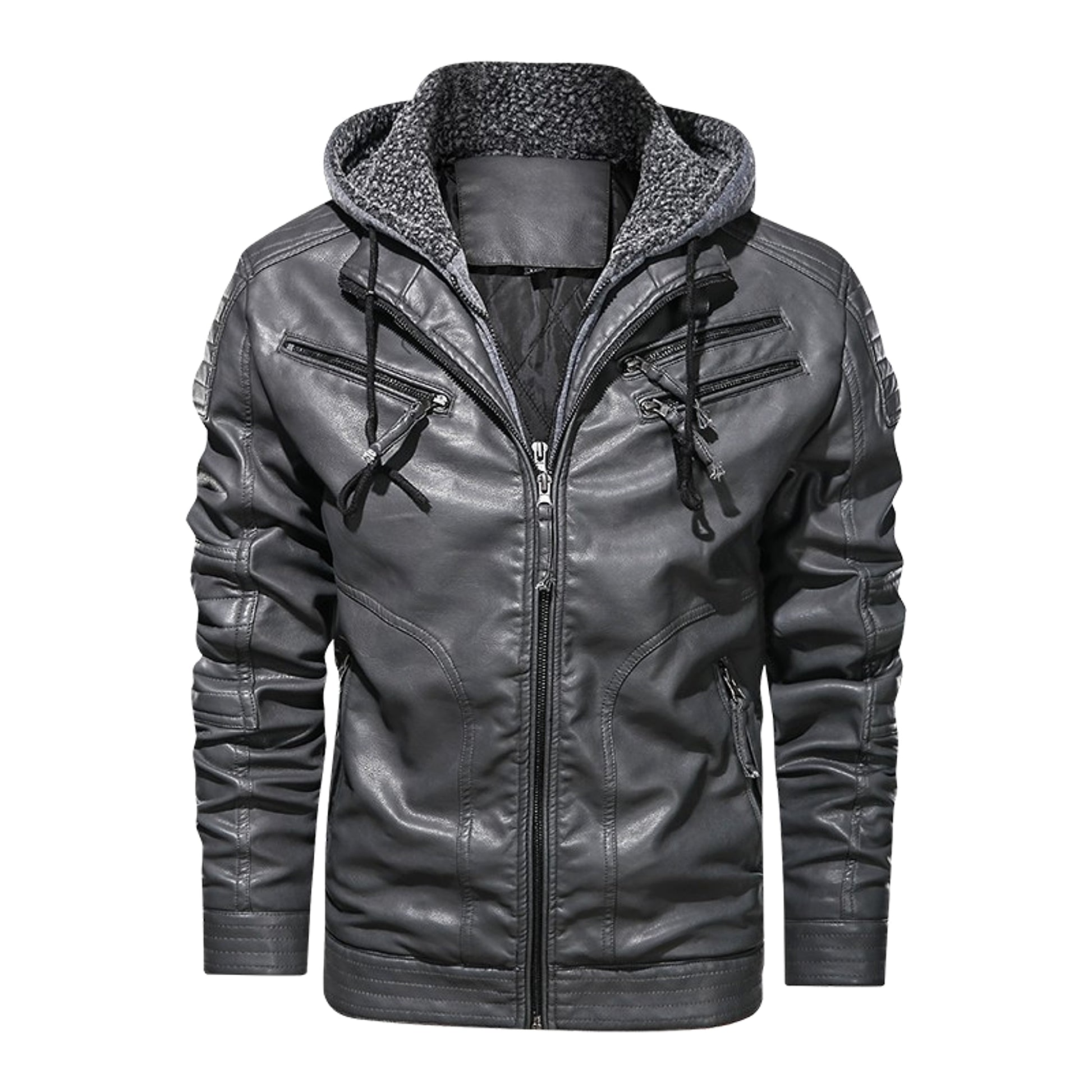Men's PU Leather Coat Hooded Cotton Addition Leather Jacket Coat - enhanced image 1