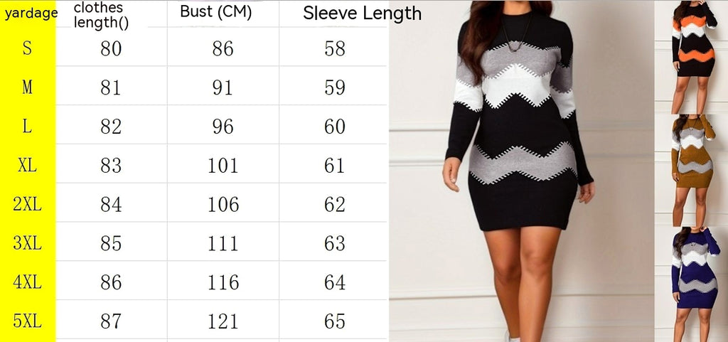 Mid-length Short Skirt Round Neck Long Sleeve Printed Knitted Sheath Dress - enhanced image 1