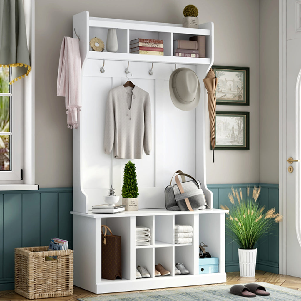 LuneluX_Home – Modern Farmhouse Hall Tree with Storage Bench & Hooks (White) - enhanced image 1
