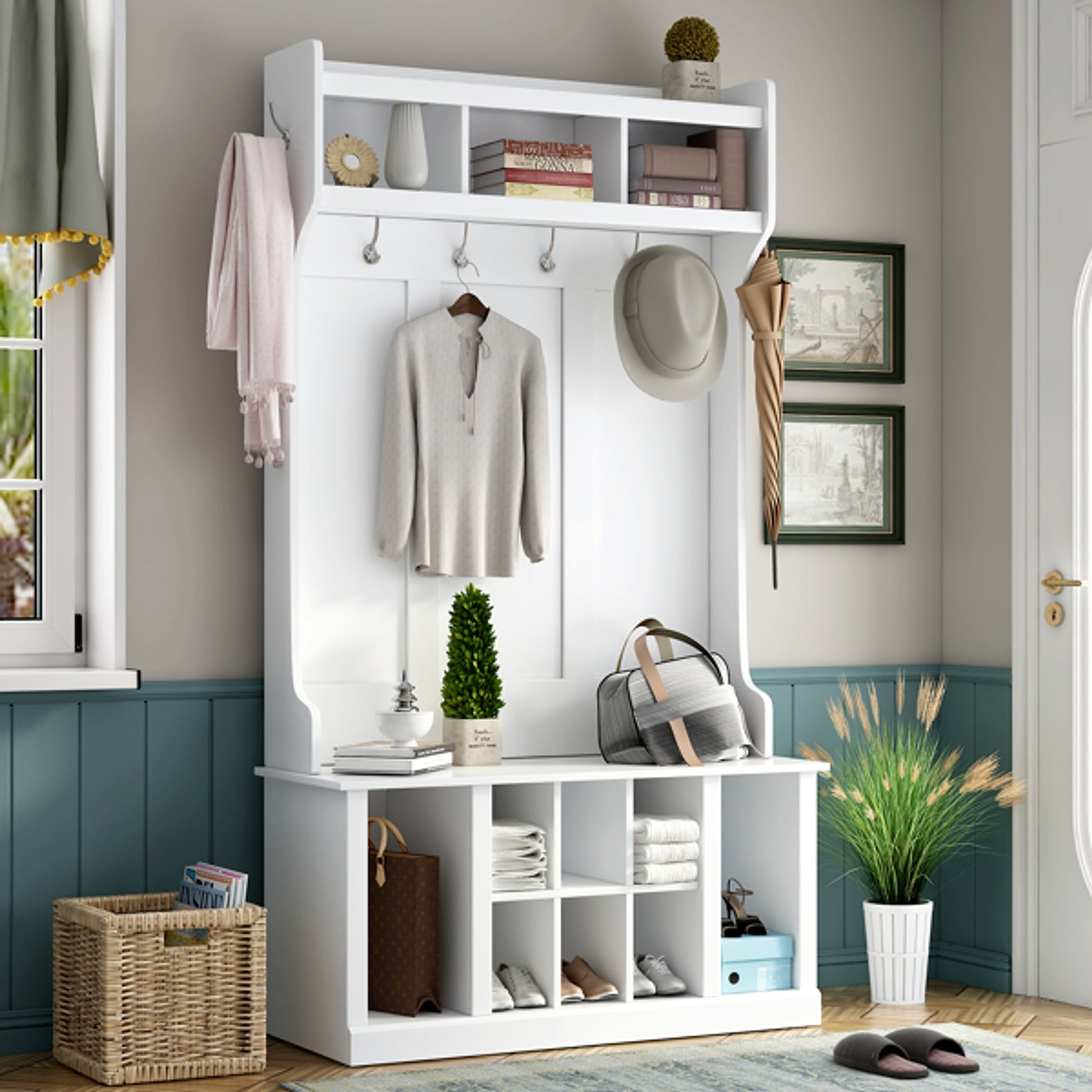 LuneluX_Home – Modern Farmhouse Hall Tree with Storage Bench & Hooks (White) - enhanced image 1