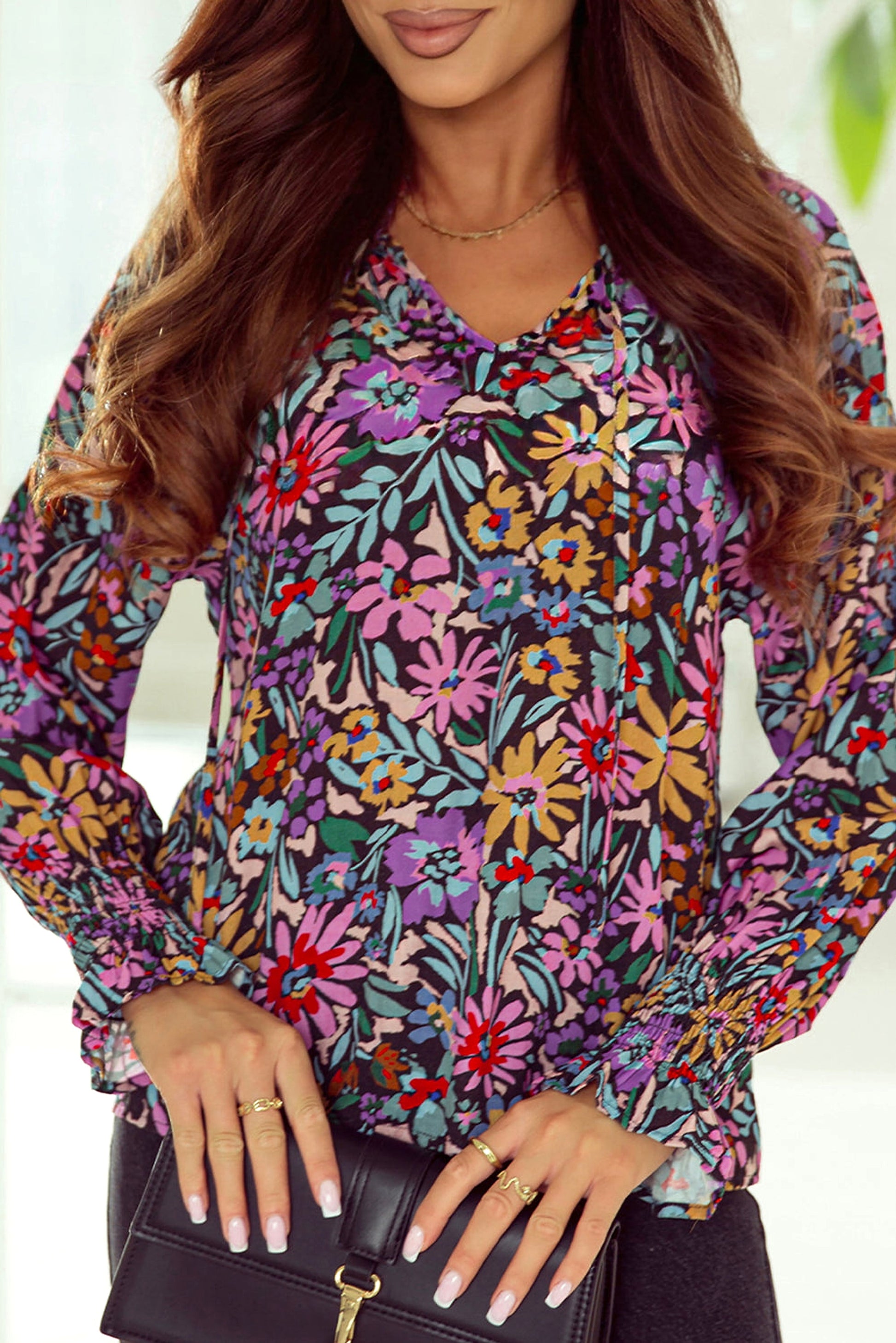 Multicolor Floral Print Ruffled Long Sleeve V-Neck Blouse - enhanced image 1