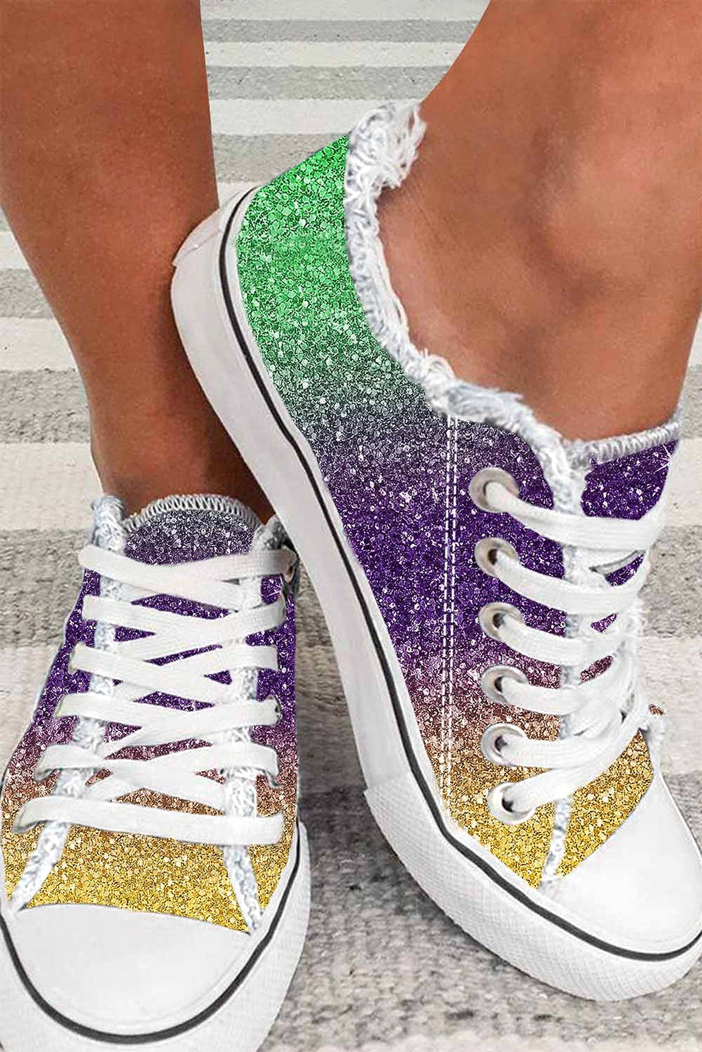 Multicolor Shiny Gradient Raw Hem Lace-up Flat Canvas Shoes - enhanced image 1