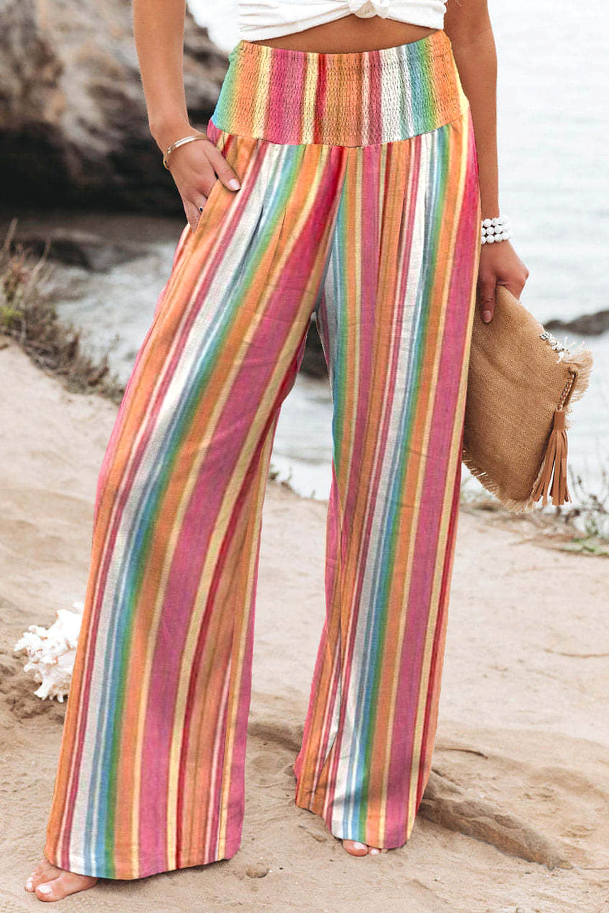 Multicolor Striped Smocked High Waist Wide Leg Pants - enhanced image 1