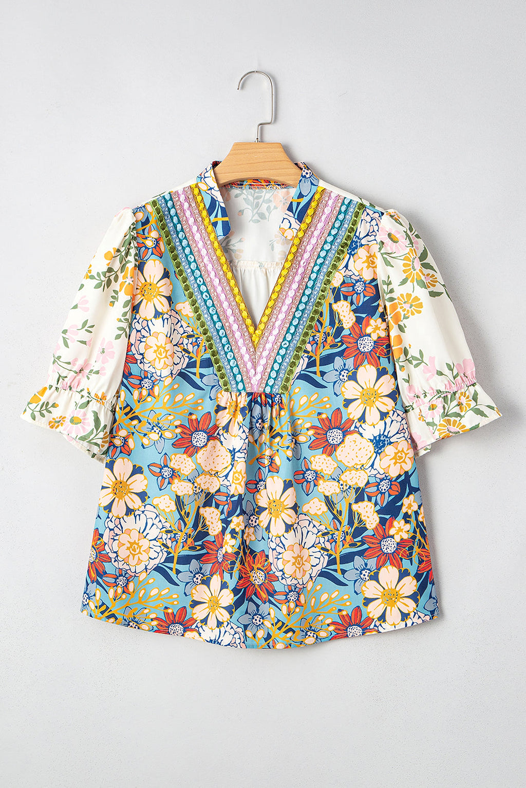 Multicolour Plus Size Floral Print Woven V Neck Half Sleeve Blouse - enhanced image 1
