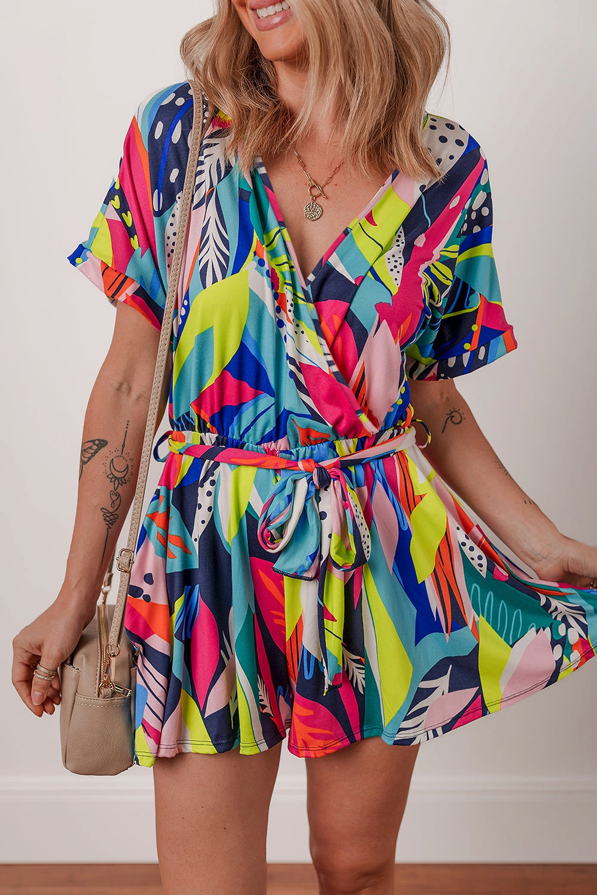 Multicolour Tropical Printed Surplice Neck Tie Waist Romper - enhanced image 1
