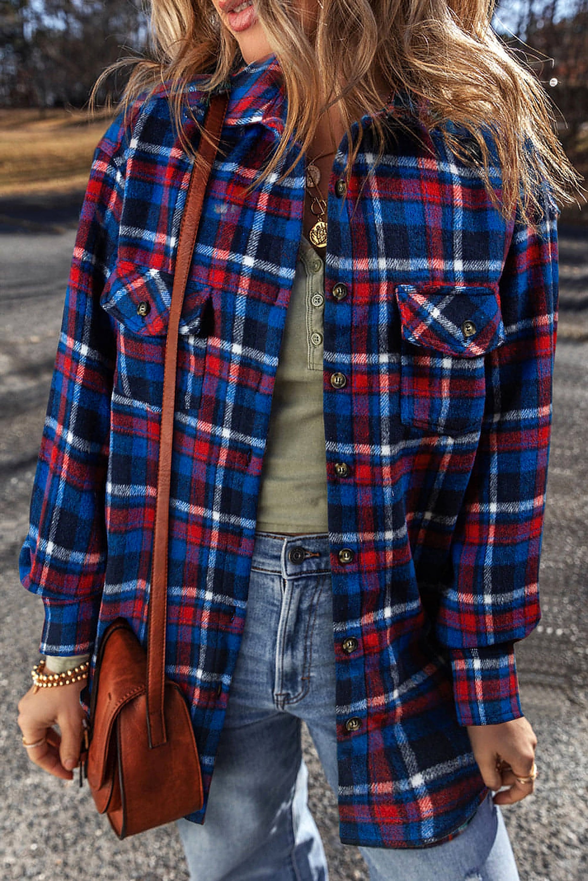 Navy Blue Plaid Flap Pocket Button Up Shacket - enhanced image 1