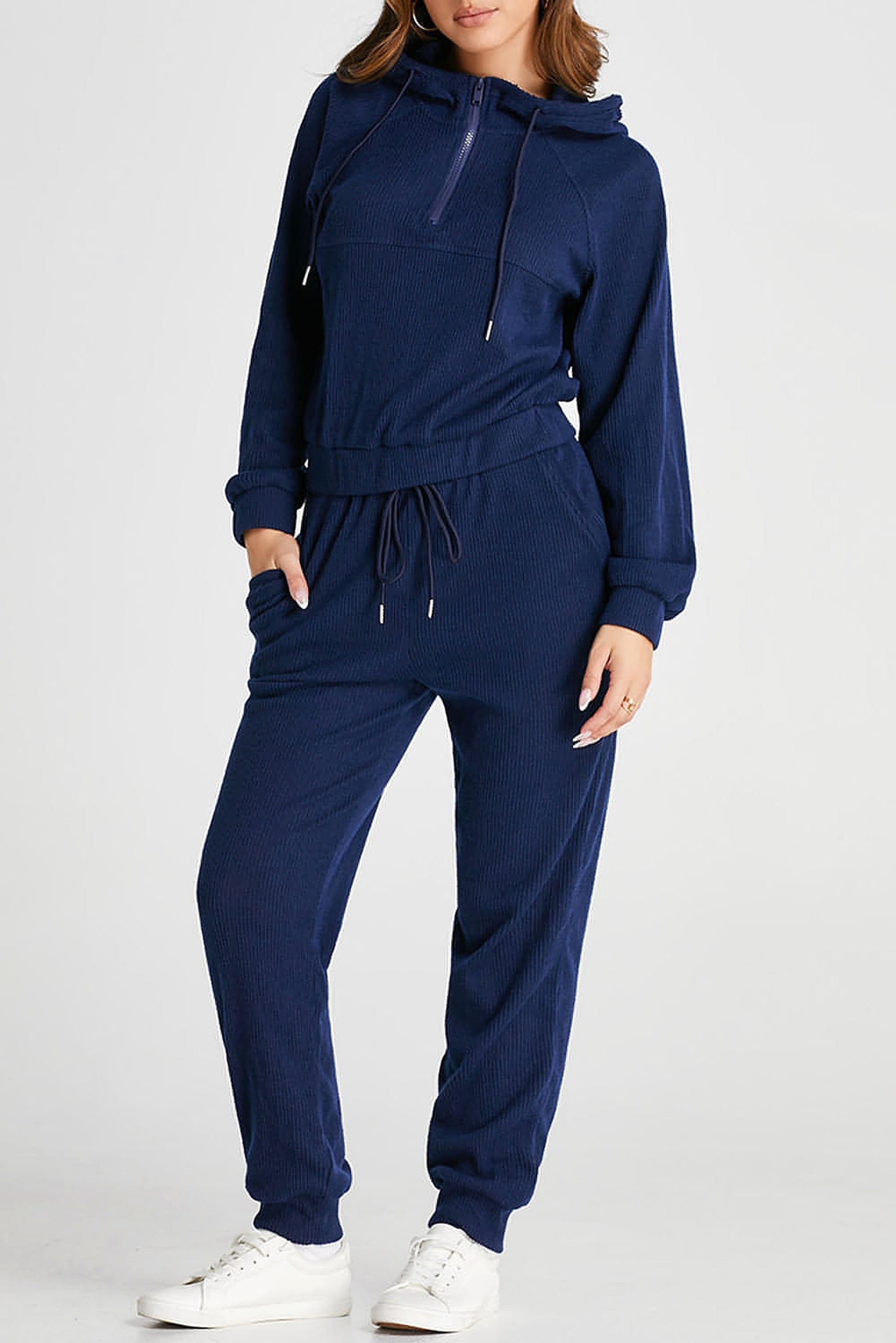 Navy Blue Ribbed Knit Cropped Hoodie and Drawstring Joggers Set - enhanced image 1