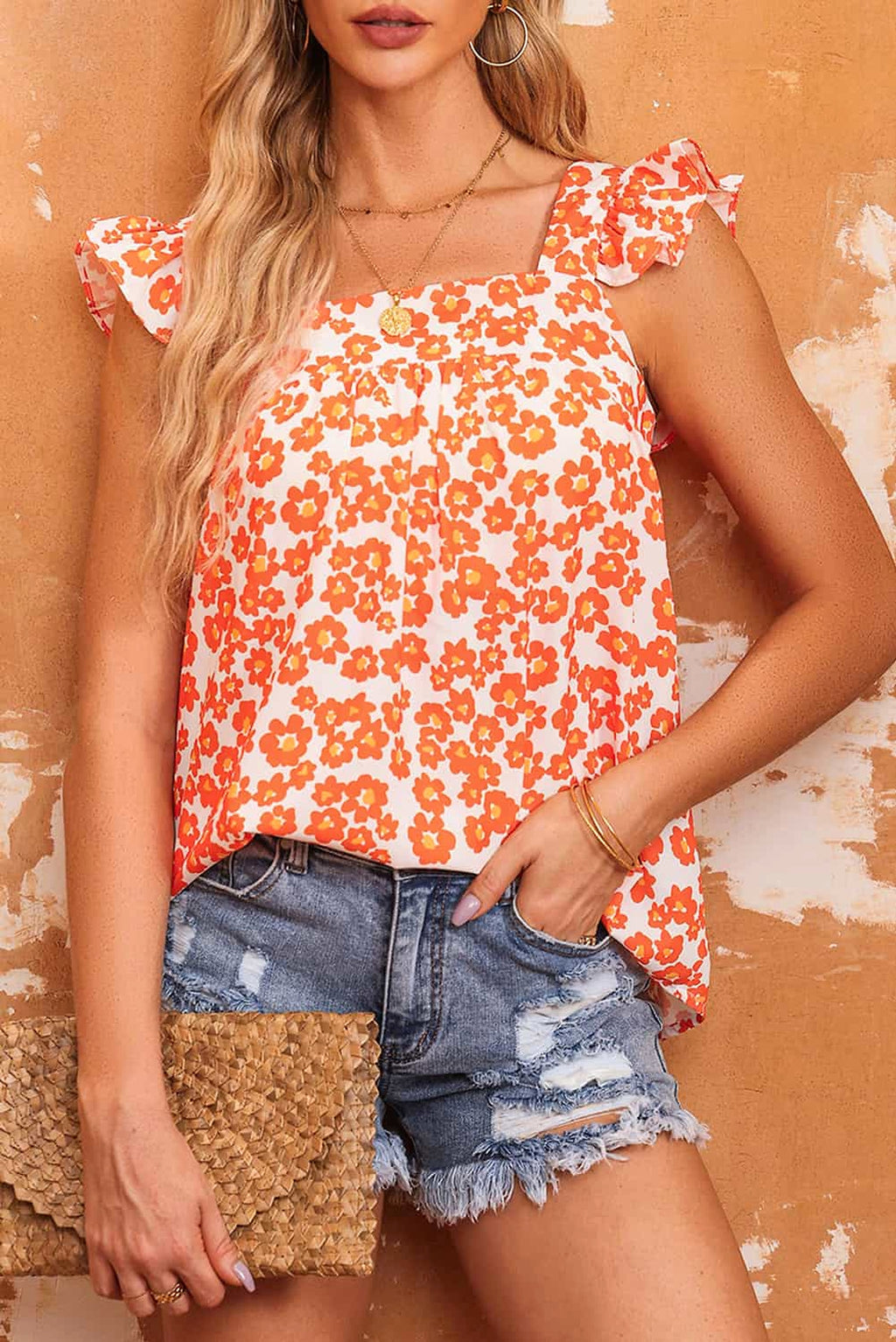 Orange Floral Print Square Neck Ruffle Tank Top - enhanced image 1