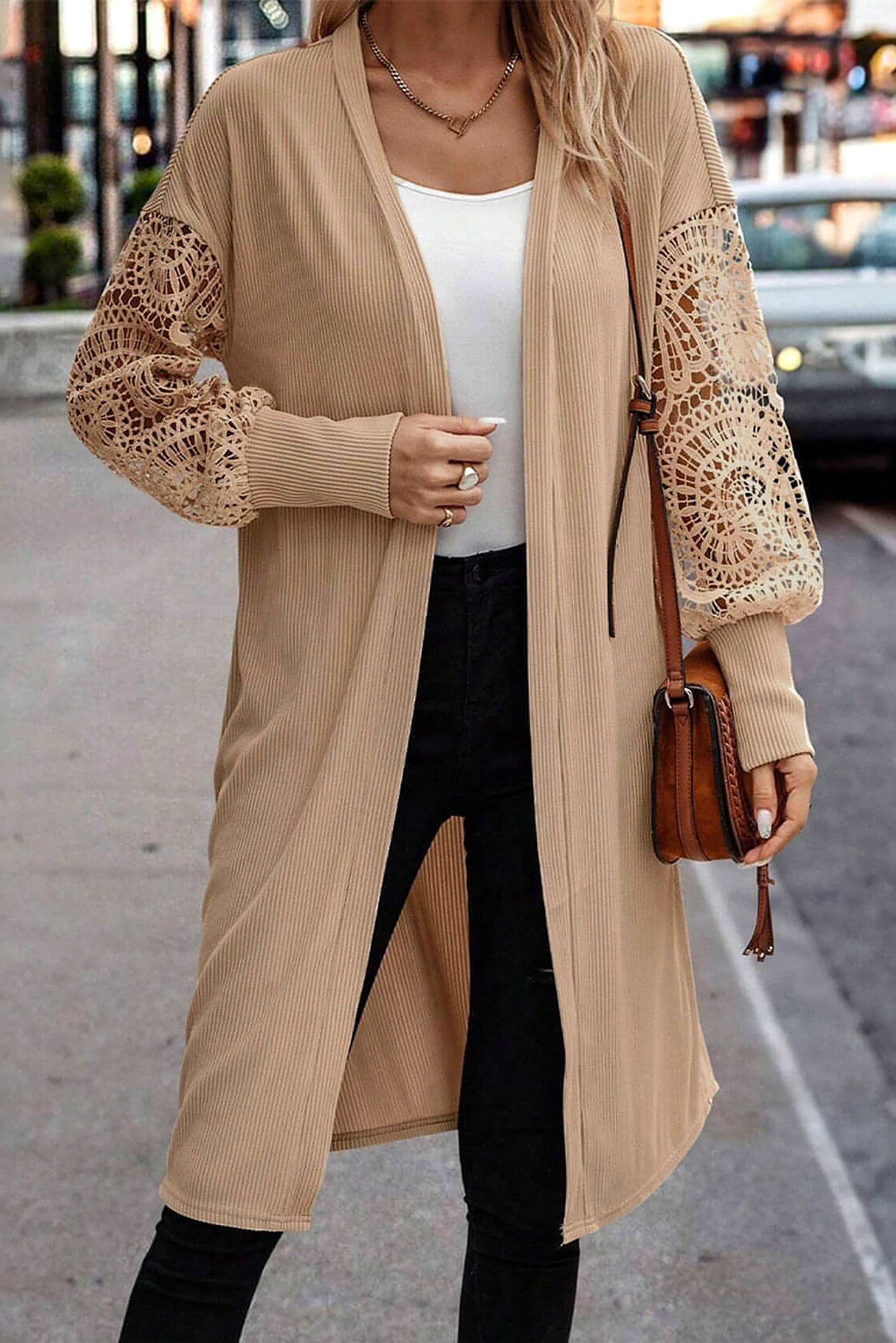 Parchment Lace Patchwork Ribbed Knit Open Front Duster Cardigan - enhanced image 1