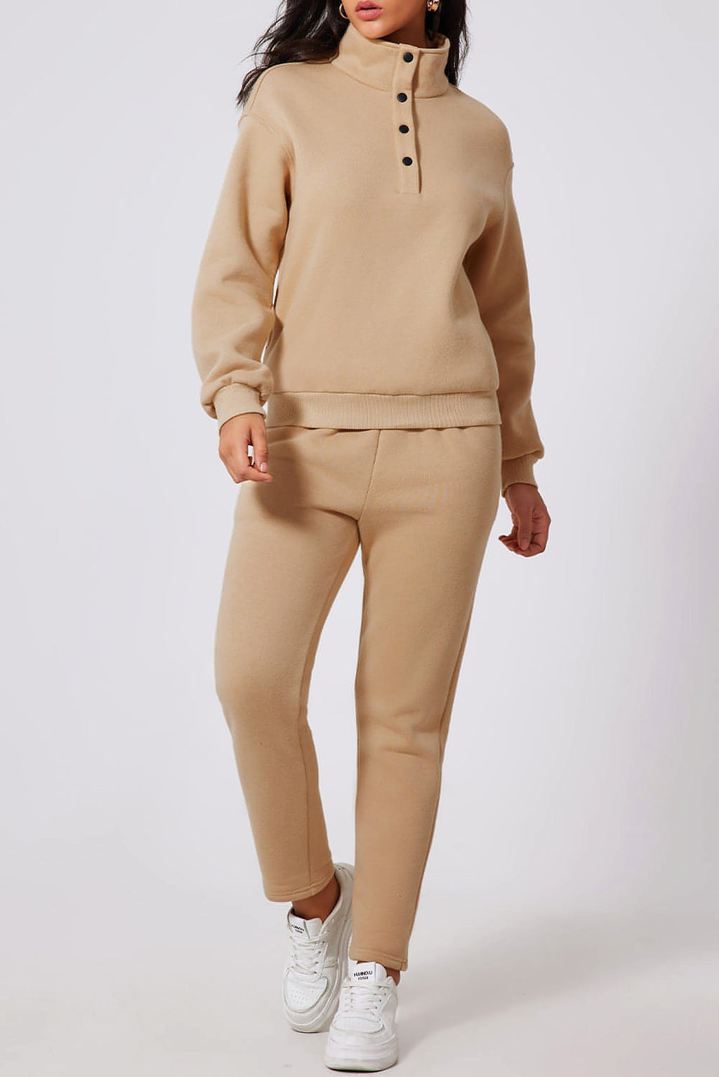 Parchment Solid Half Button Sweatshirt and High Waist Sweatpants Set - enhanced image 1