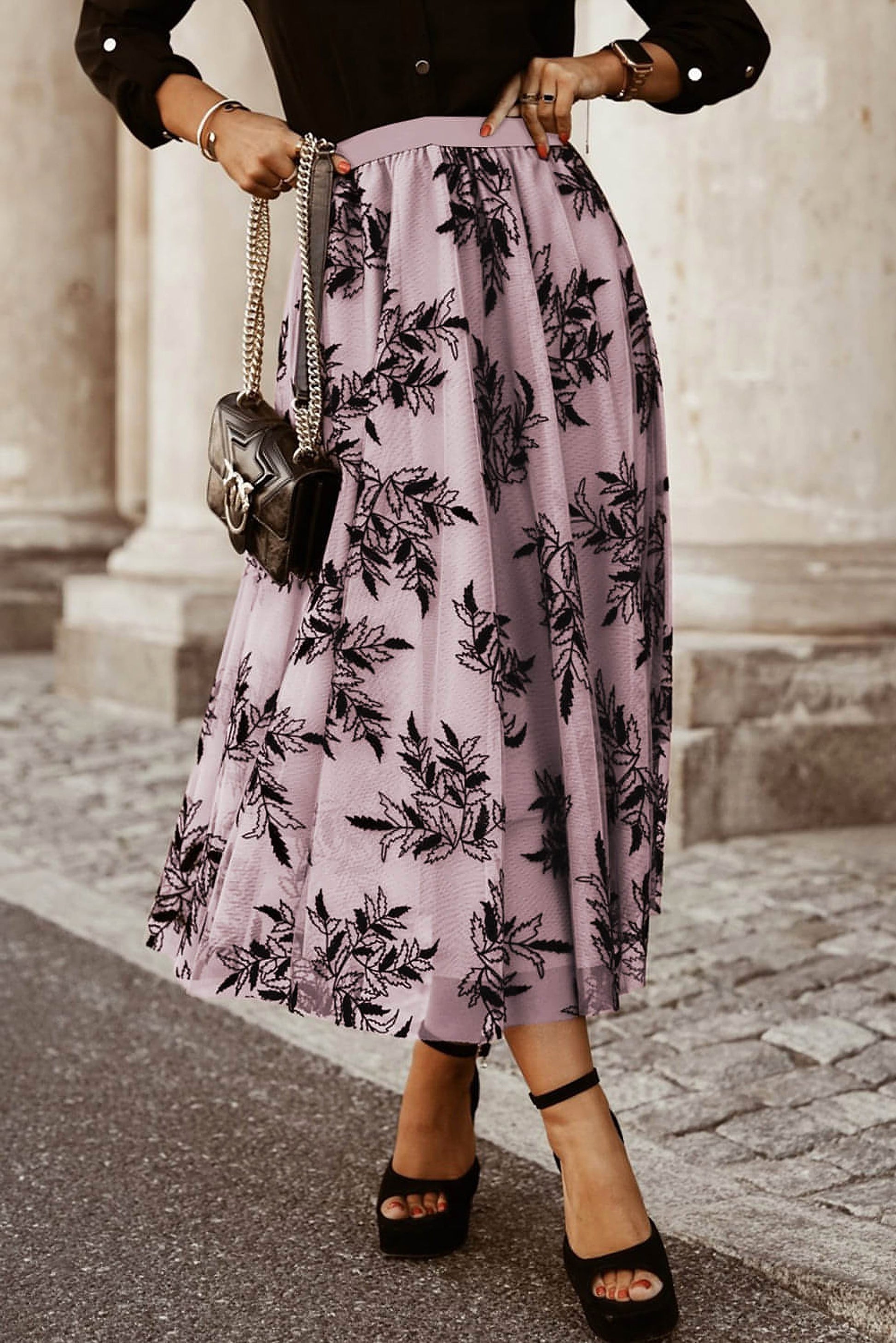 Peach Blossom Floral Leaves Embroidered High Waist Maxi Skirt - enhanced image 1