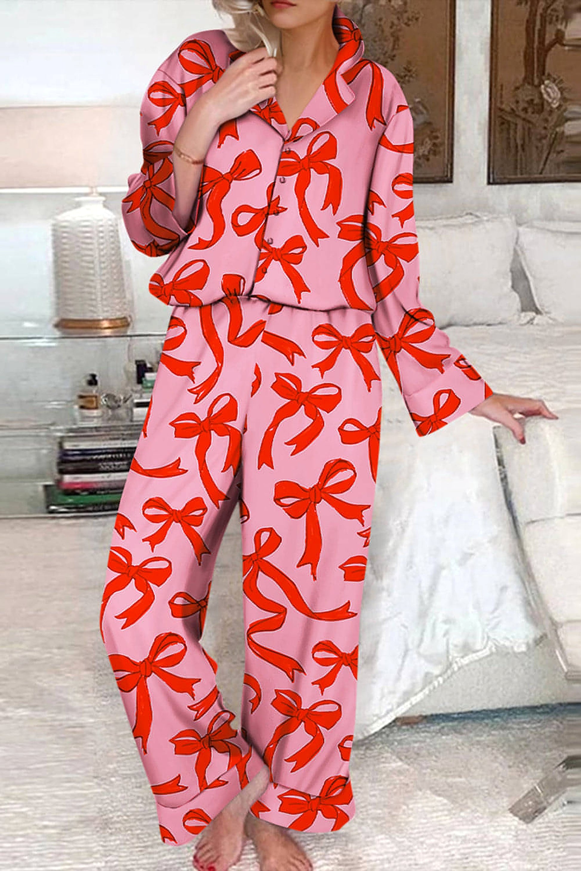 Pink 2pcs Bow Print Shirt Style Long Sleeve Pajama Set - enhanced image 1