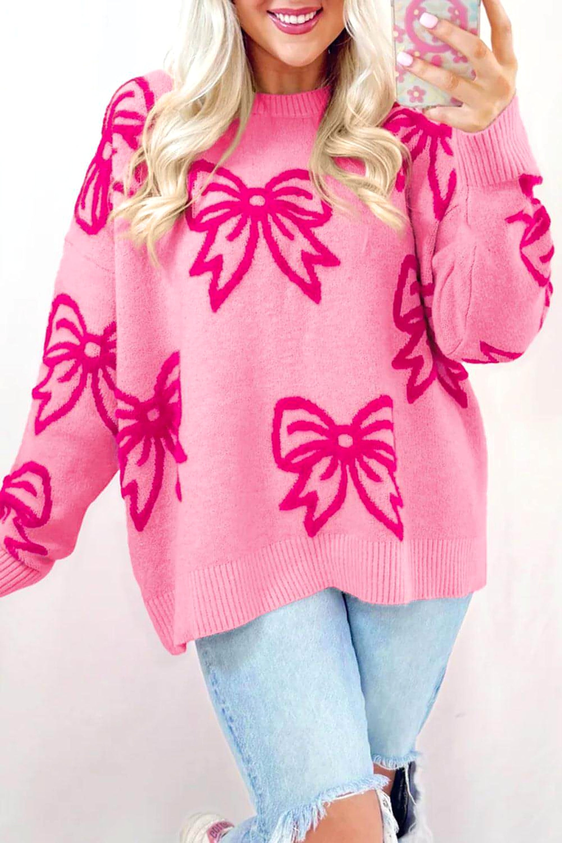 Pink Bow Pattern Drop Shoulder Loose Sweater - enhanced image 1