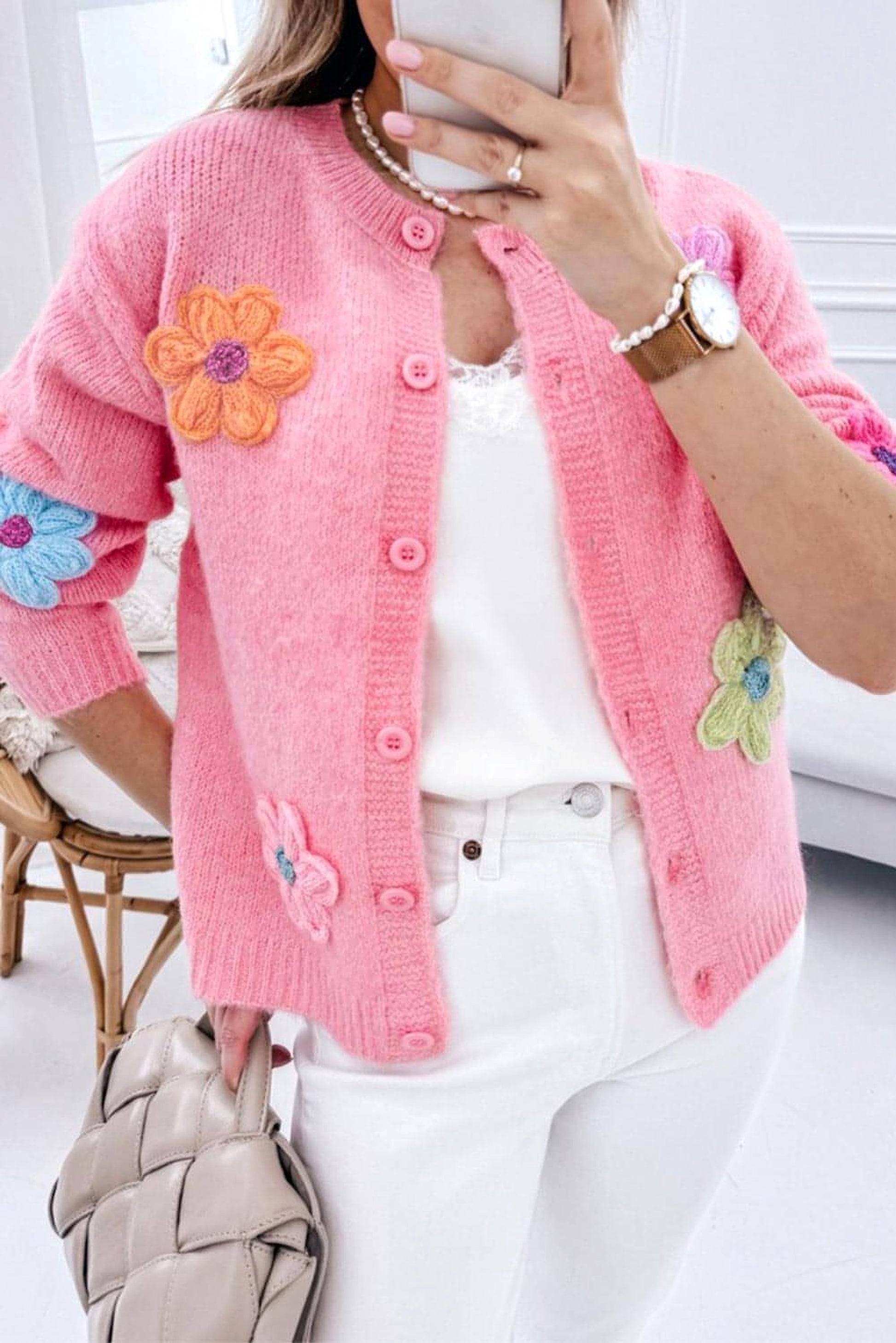 Pink Cute Knitted Floral Pattern Button Up Cardigan - enhanced image 1