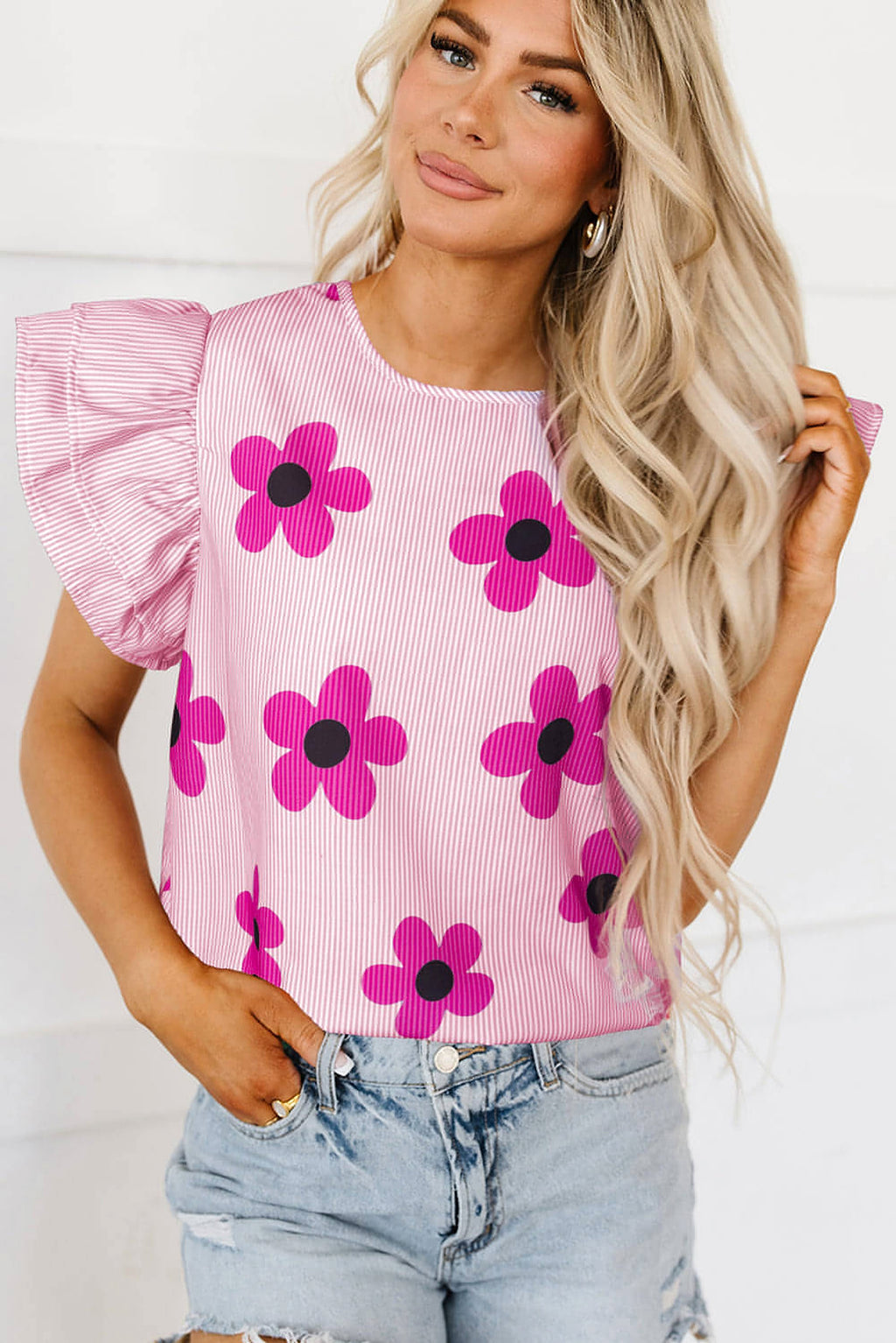 Pink Pinstripe Floral Print Ruffled Flutter Sleeve Blouse - enhanced image 1