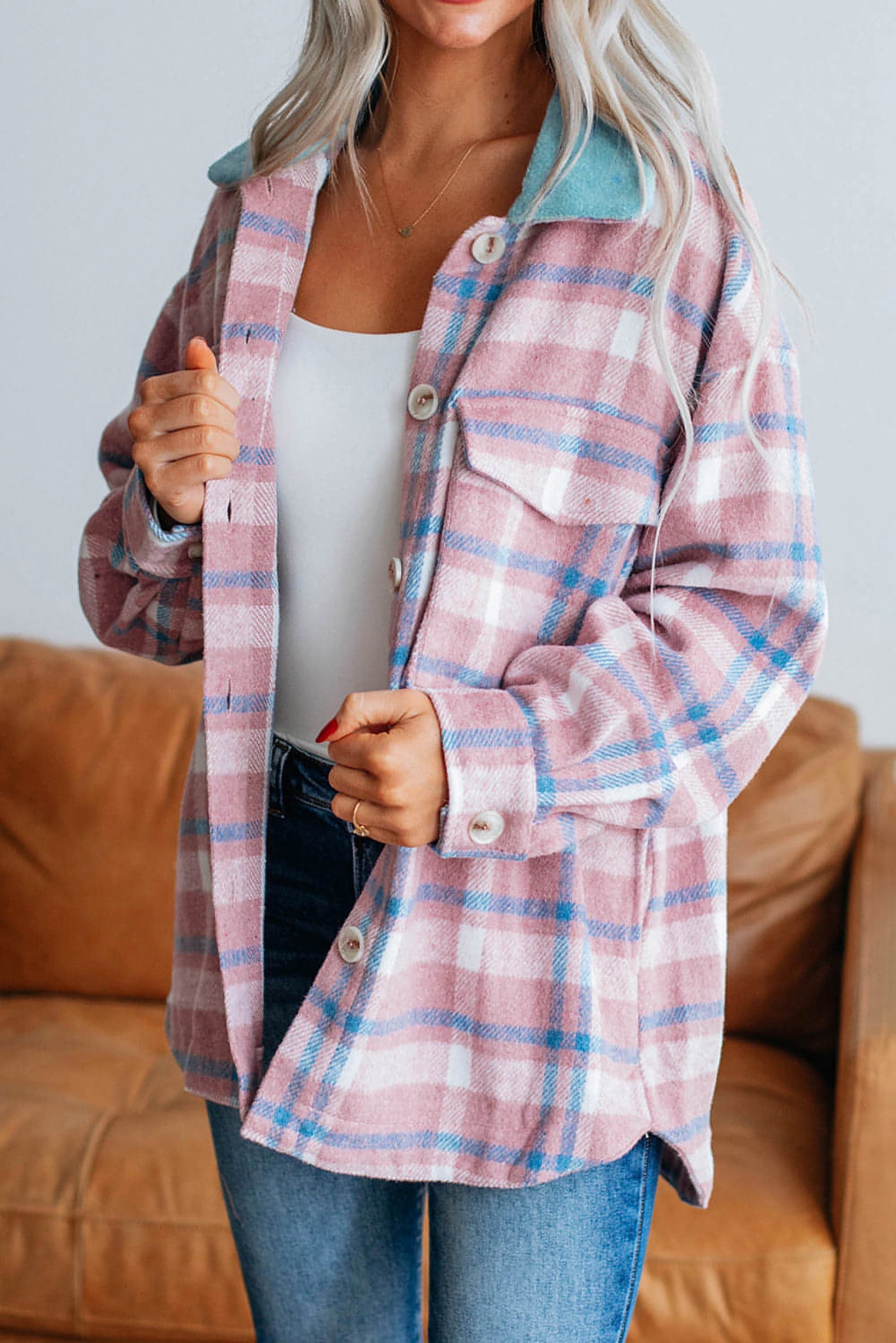 Pink Plaid Print Color Block Collared Flap Pockets Loose Shacket - enhanced image 1