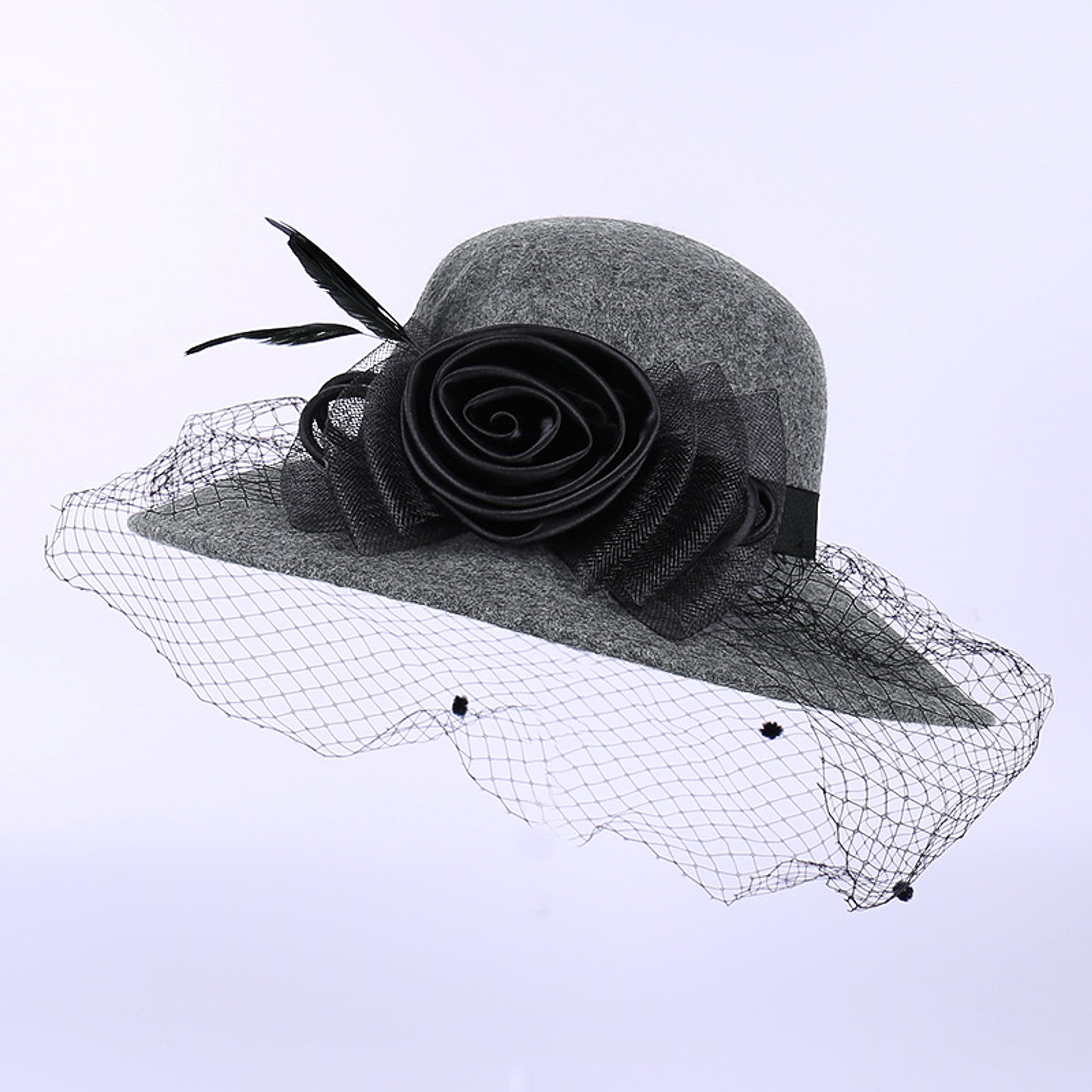 Pure Wool Ladies Banquet Lace Mesh Flower Big Brim Fisherman Hat - enhanced image 1