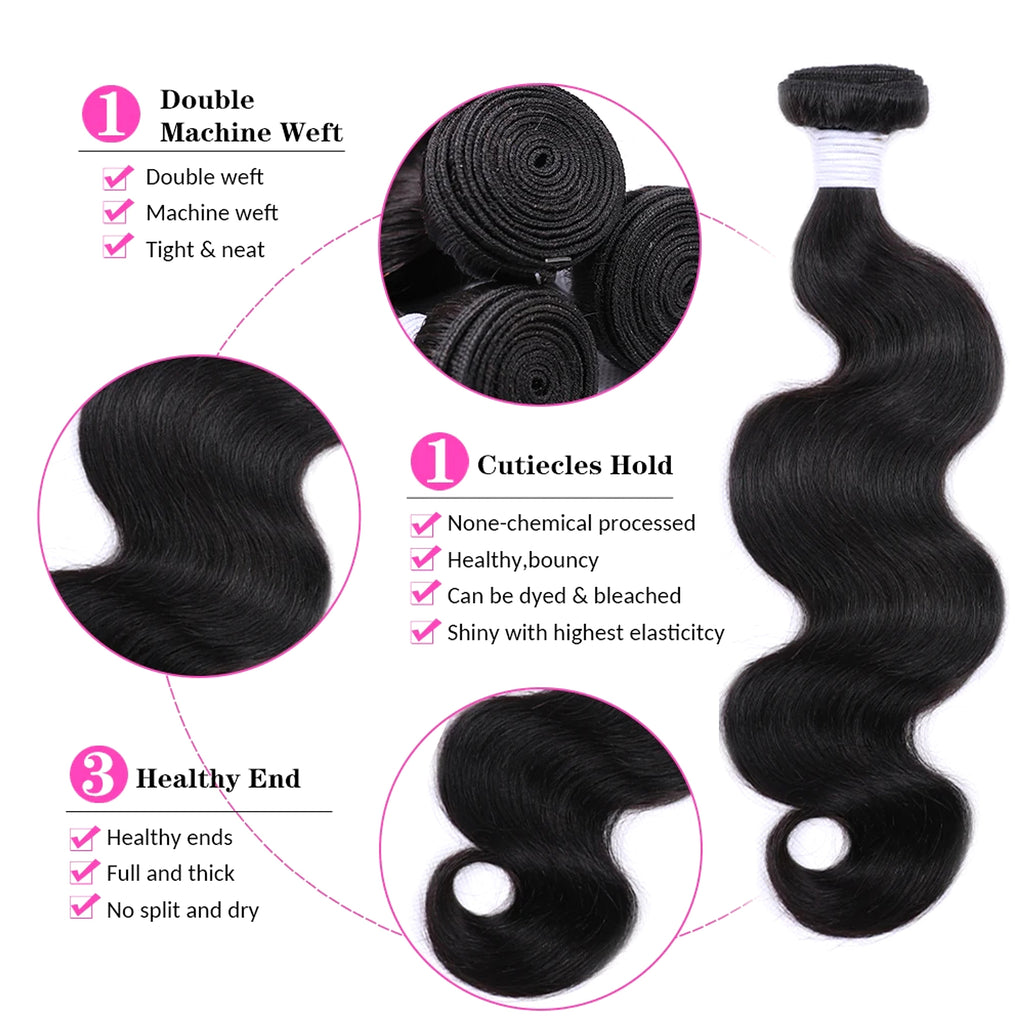 Real Hair Wig Hair Styling Hair Extension Body Wave Human Hair Weaves Bundle Deals Human Hair Extensions Natural & Jet Black - enhanced image 1