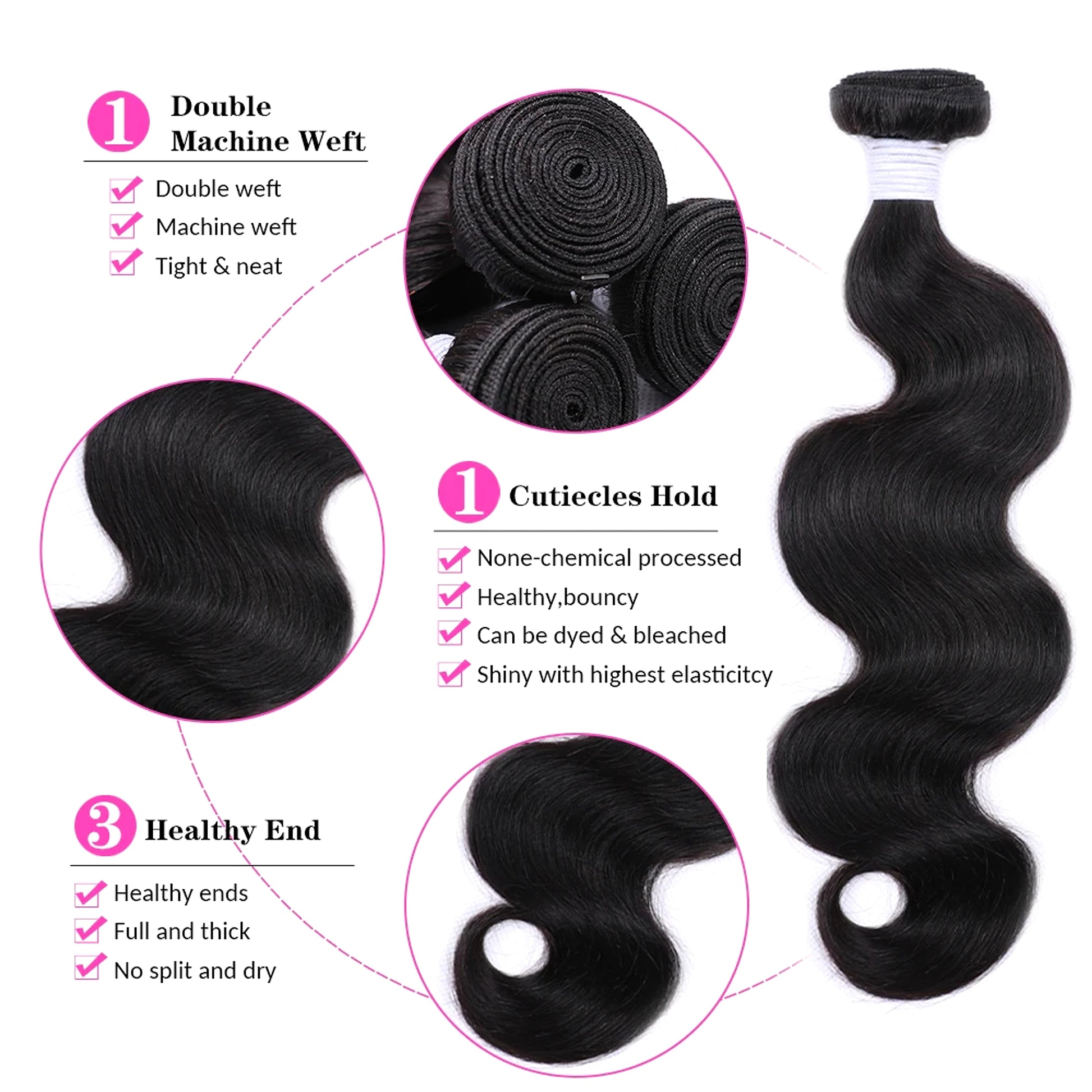 Real Hair Wig Hair Styling Hair Extension Body Wave Human Hair Weaves Bundle Deals Human Hair Extensions Natural & Jet Black - enhanced image 1