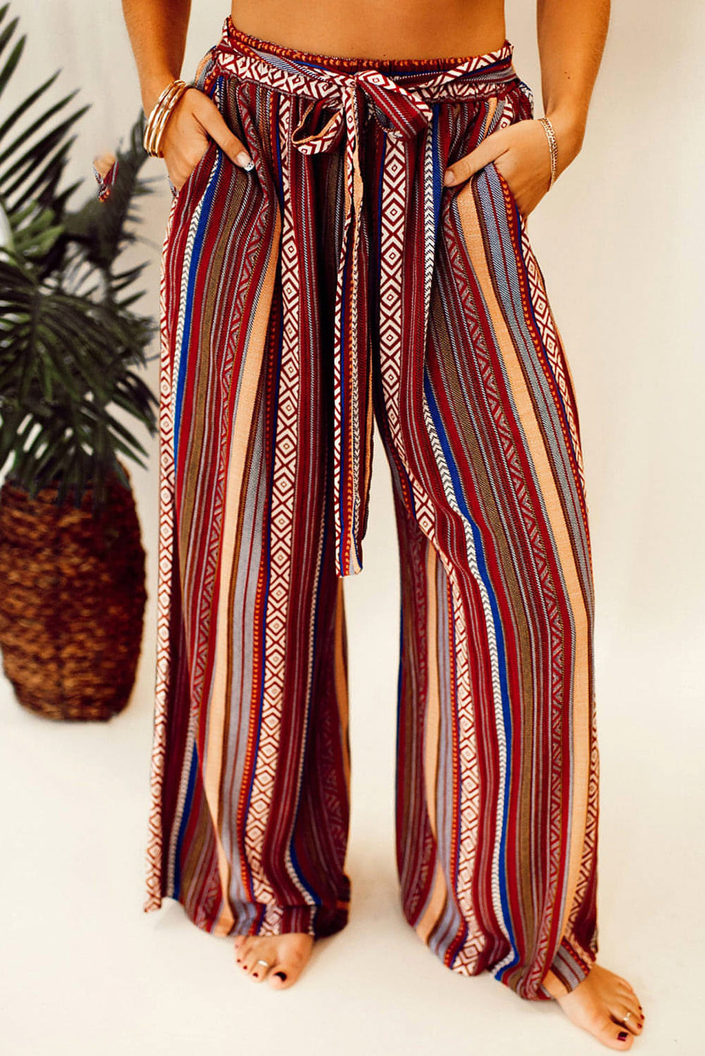 Red Boho Ethnic Striped Print Tie Waist Wide Leg Pants - enhanced image 1