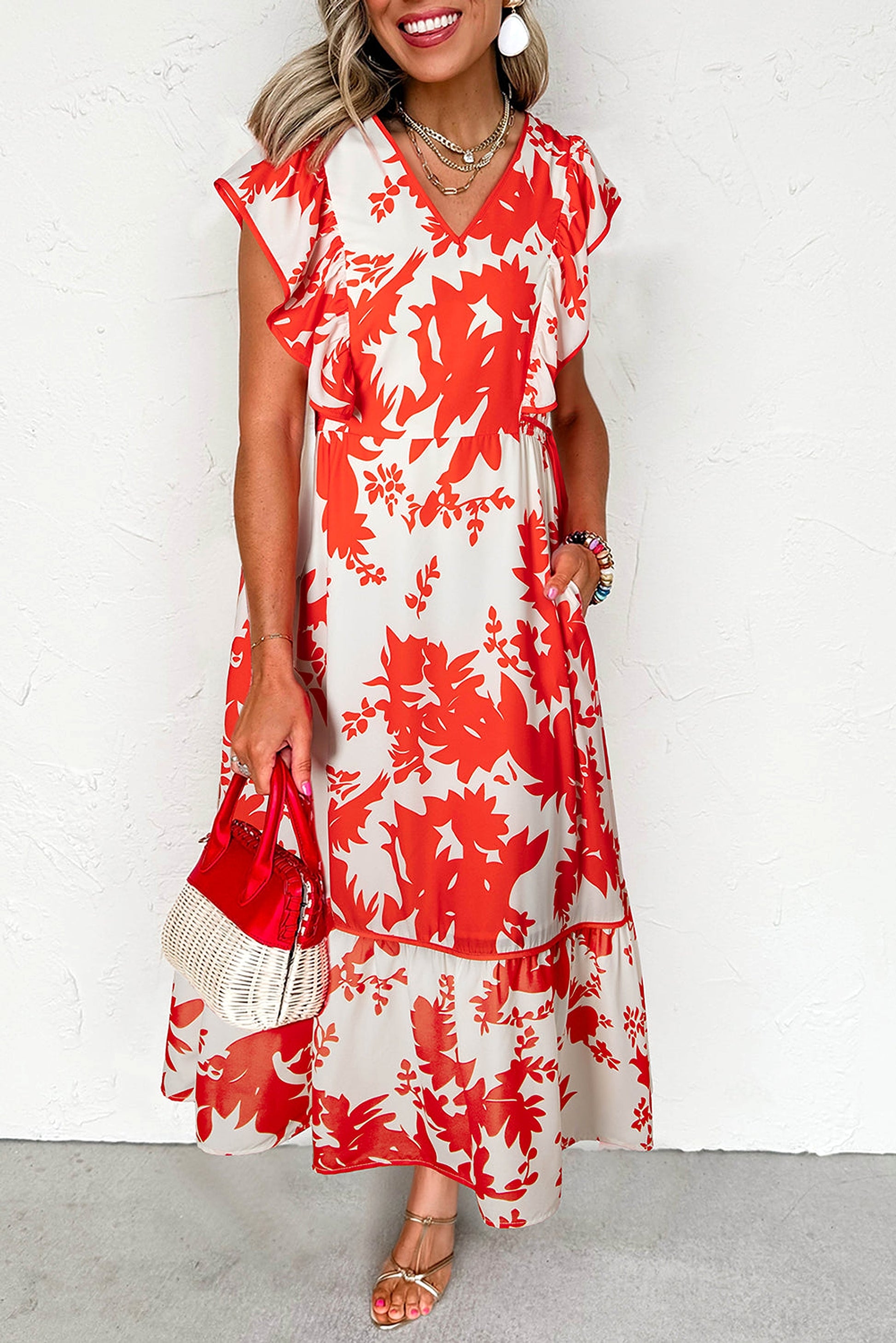 Red Floral Print Trimmed V Neck Ruffle Sleeve Long Dress - enhanced image 1
