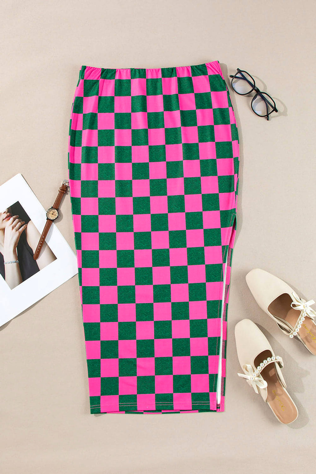 Rose Checkered Print Side Slit High Waist Midi Skirt - enhanced image 1