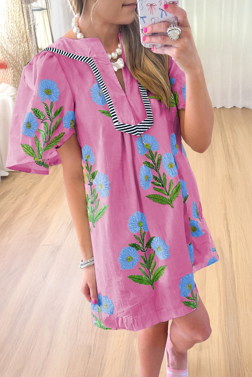 Rose Floral Short Sleeve Split Neck Loose Mini Dress - enhanced image 1