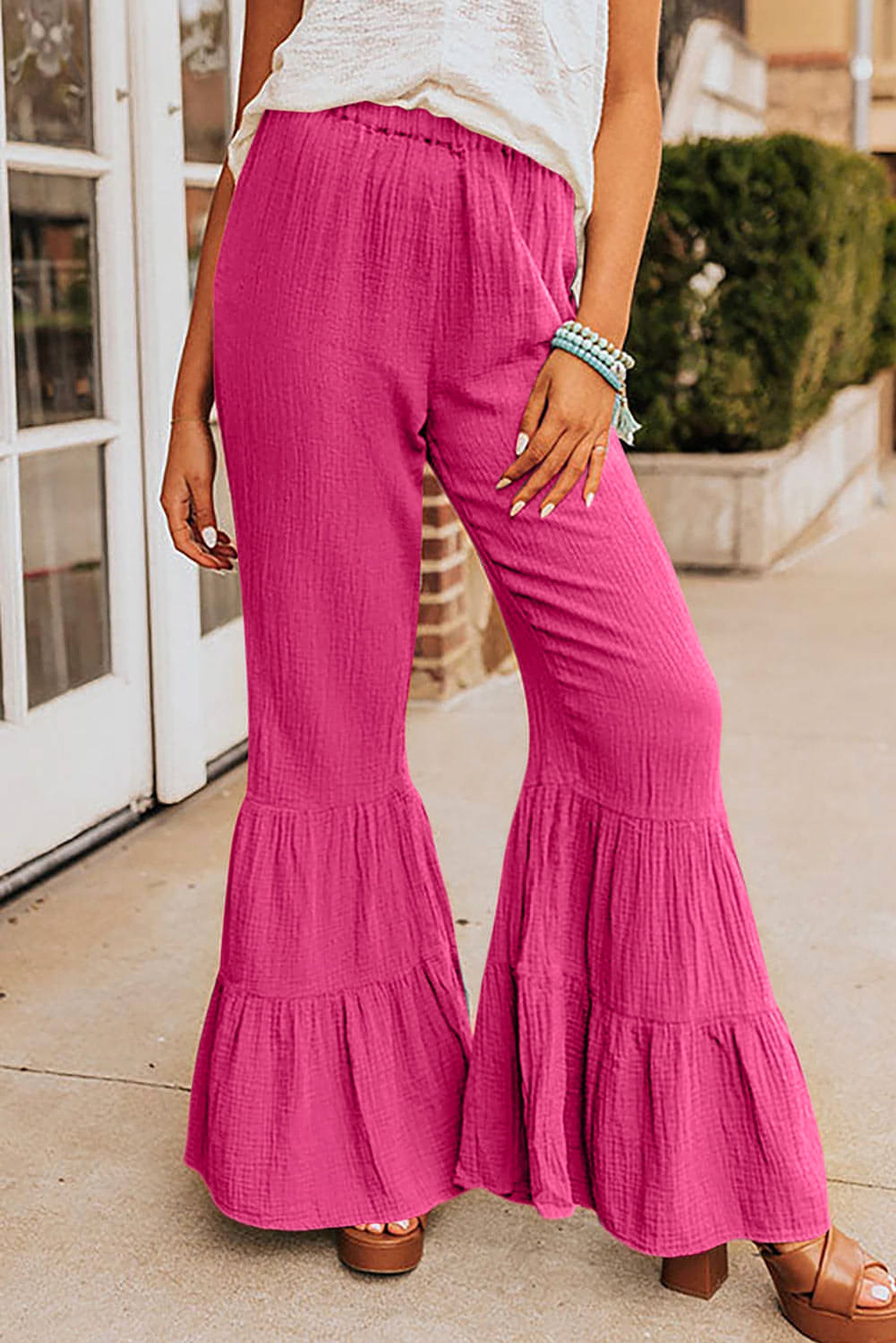 Rose Textured High Waist Ruffled Bell Bottom Pants - enhanced image 1