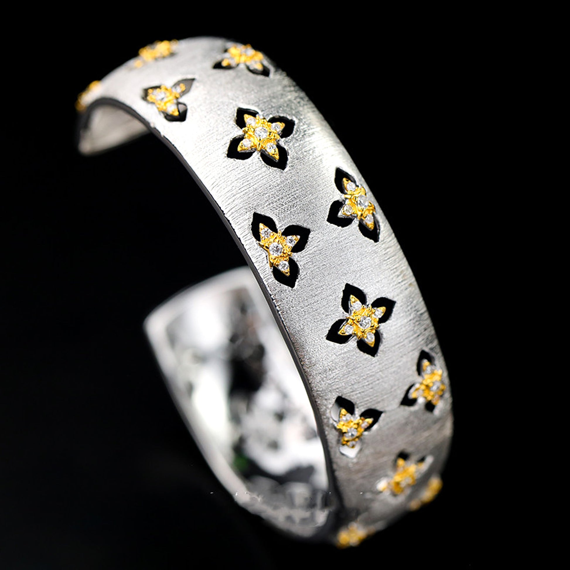S925 Silver Plated Gold Plated Brushed Openwork Bracelet With Zirconia Stones For Women - enhanced image 1