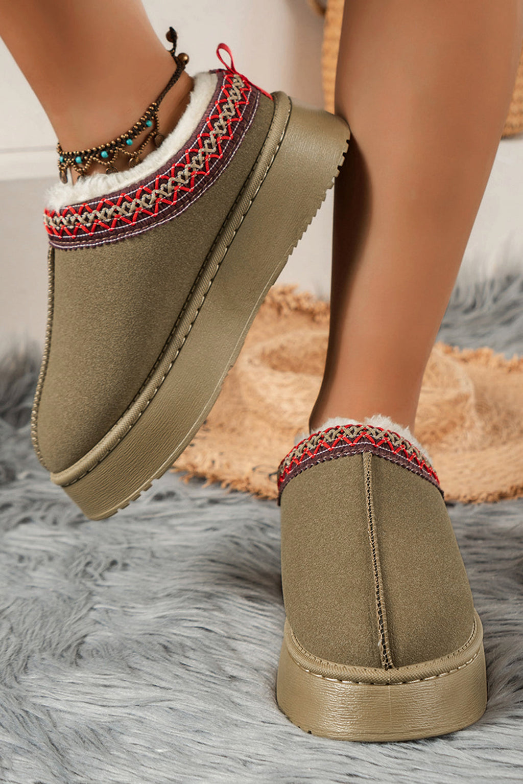 Sage Green Contrast Print Suede Plush Lined Snow Boots - enhanced image 1
