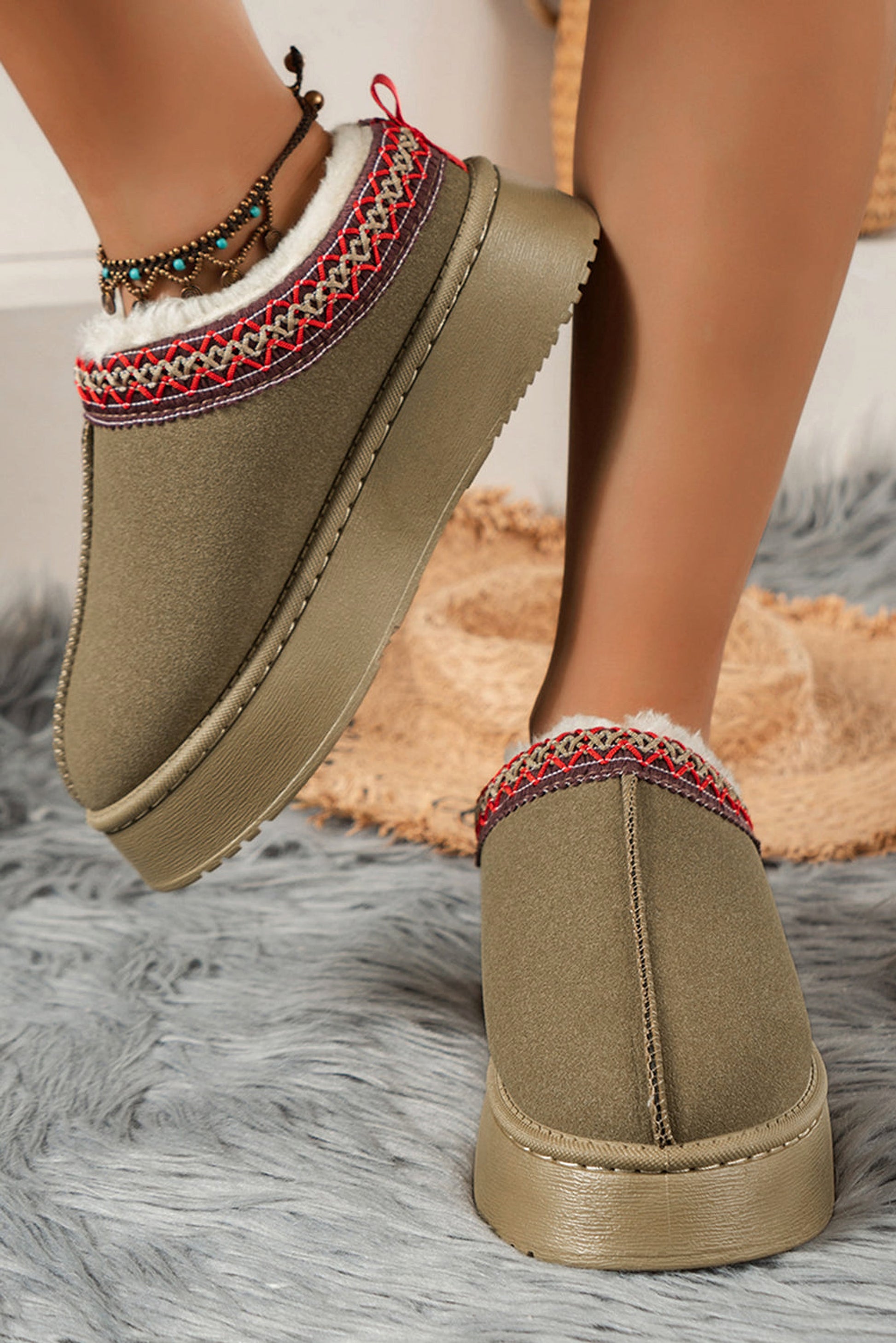 Sage Green Contrast Print Suede Plush Lined Snow Boots - enhanced image 1